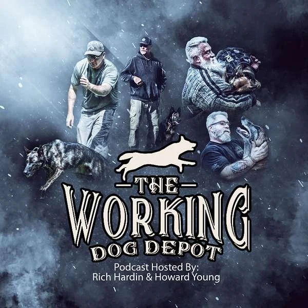 Promotional graphic for 'The Working Dog Depot' podcast featuring three men and two dogs with a smoky background, and the podcast hosts' names listed. Featuring Gold Coast K9.