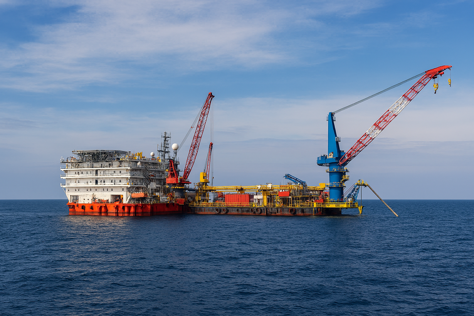 Offshore oil platform with cranes and equipment, floating in the ocean under a partly cloudy sky.