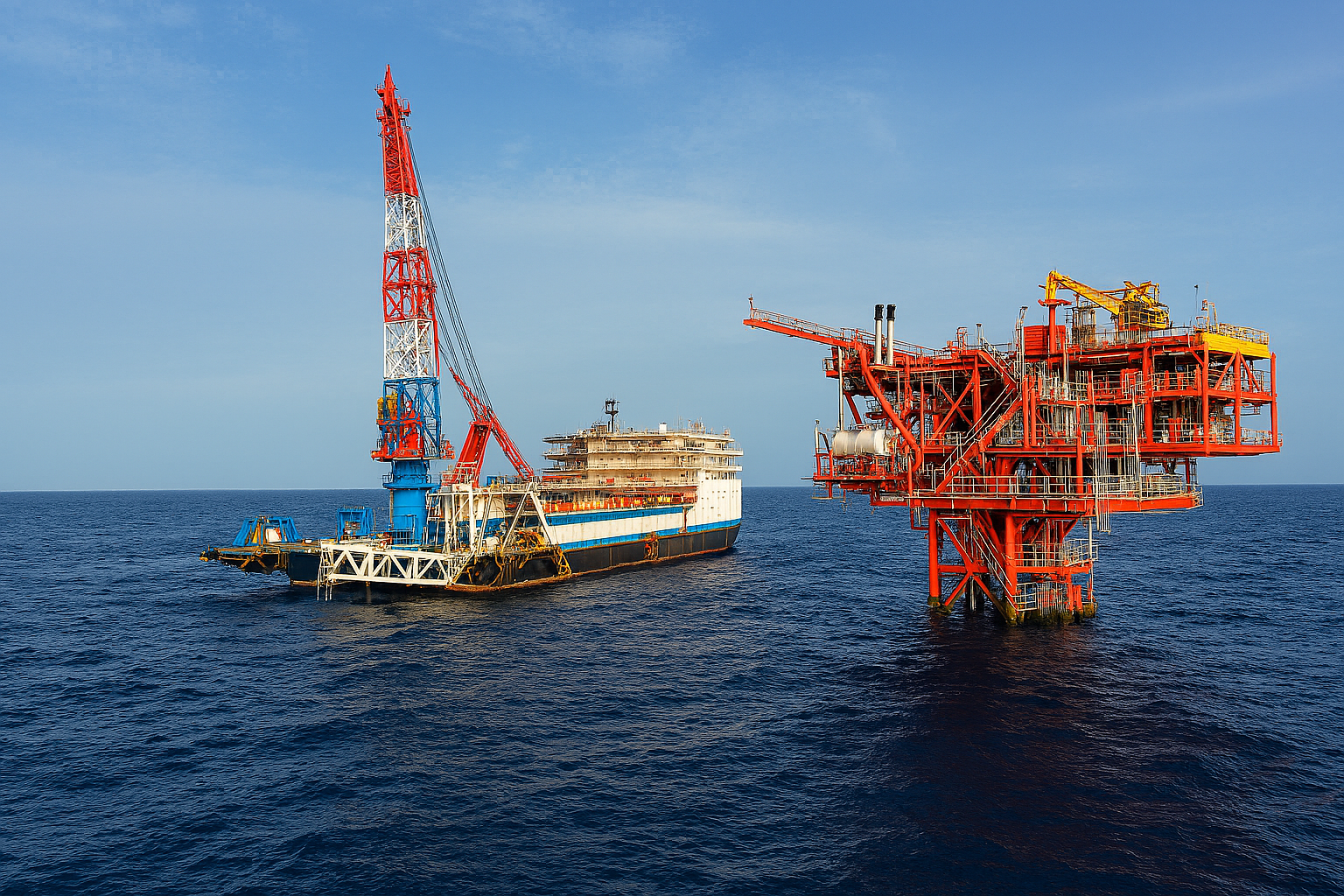 Offshore oil drilling platform and vessel in the ocean with a clear sky.