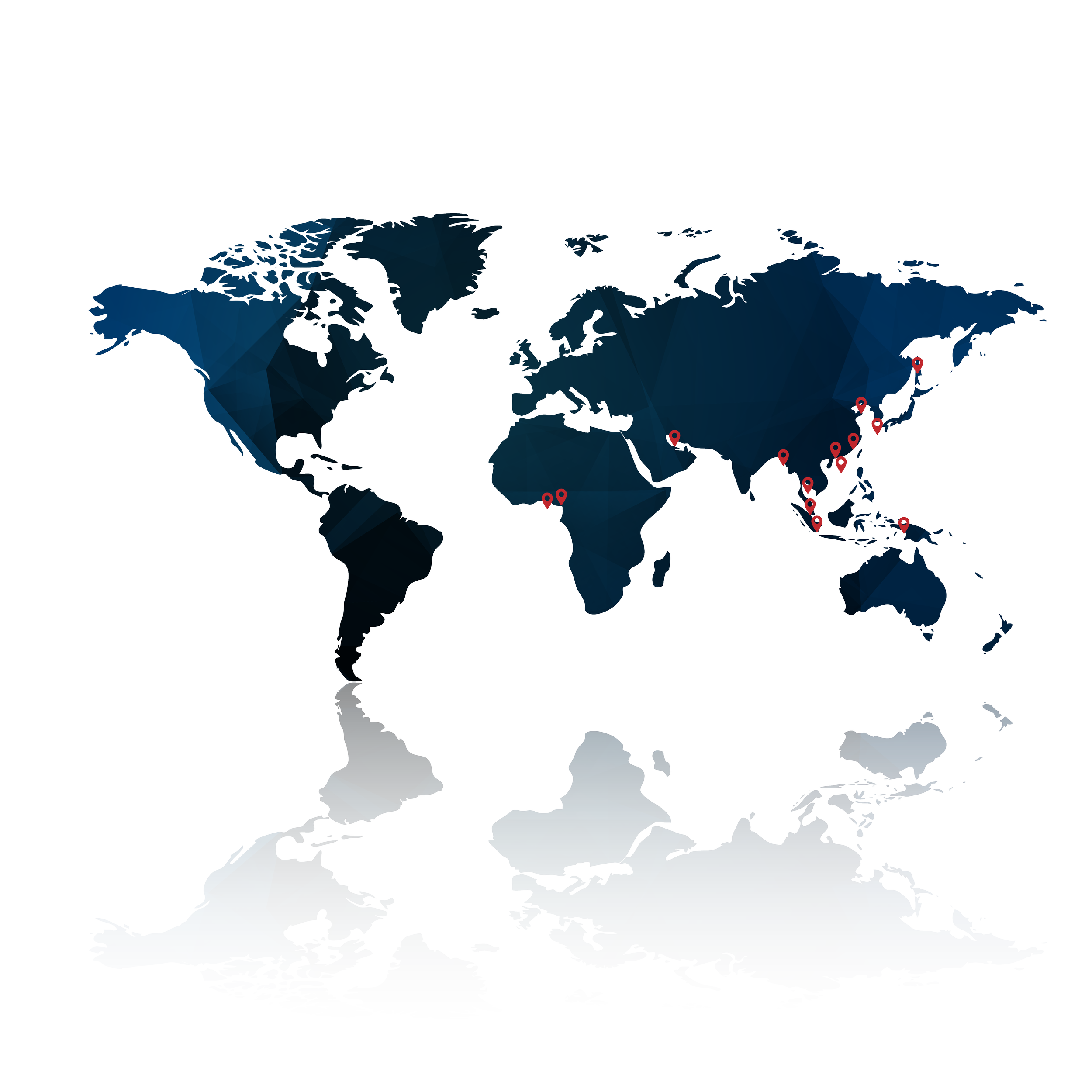 World map with dark blue landmasses and red location markers in Africa, Asia, Europe, and Southeast Asia.