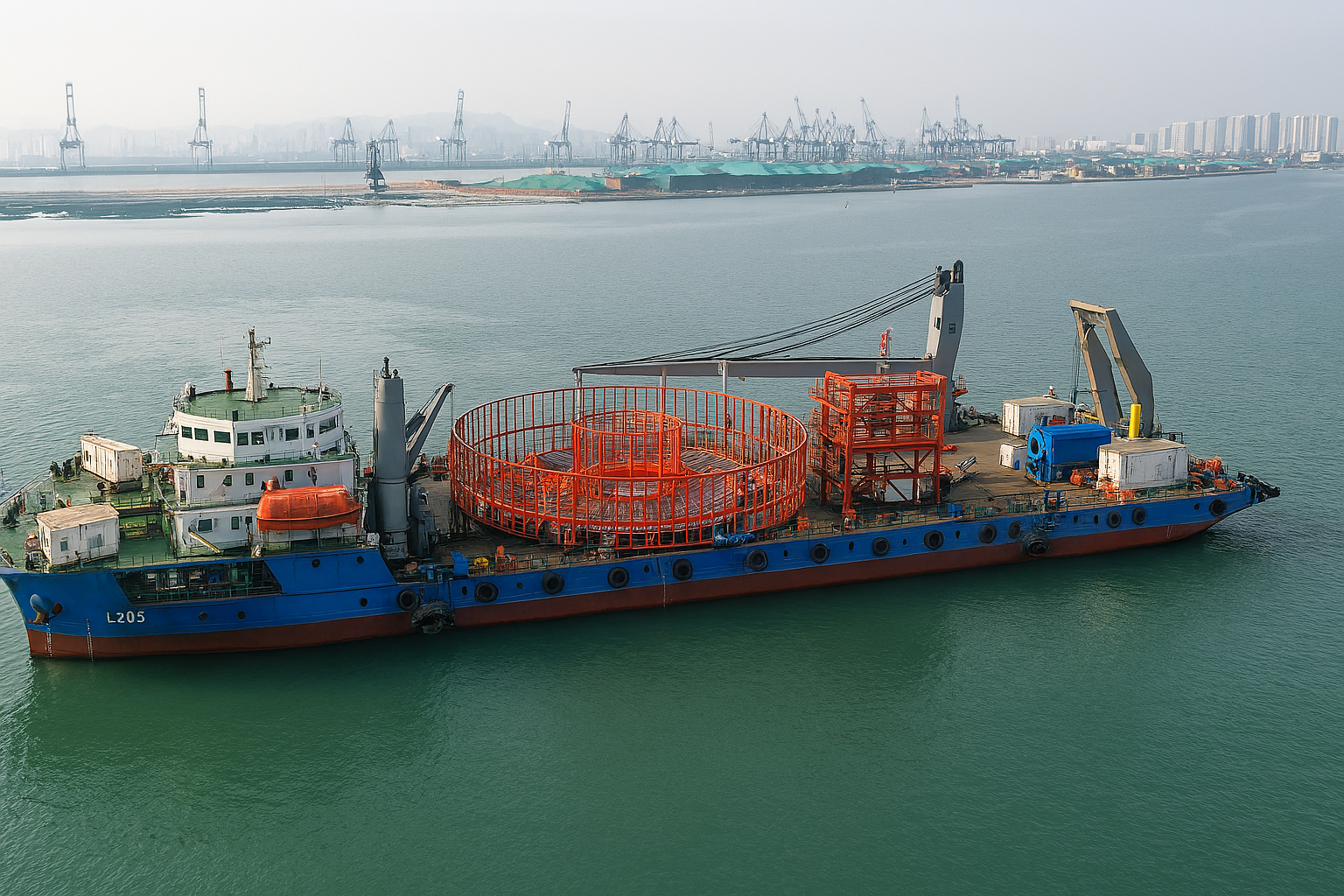 An offshore support vessel with orange safety railings and equipment on deck, anchored in calm water with a distant port and city skyline in the background.