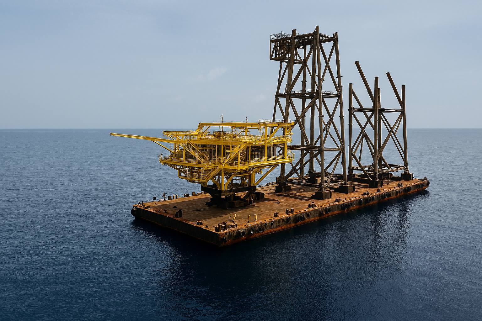 Offshore oil drilling platform with a yellow crane and large metal structure in the middle of the ocean.