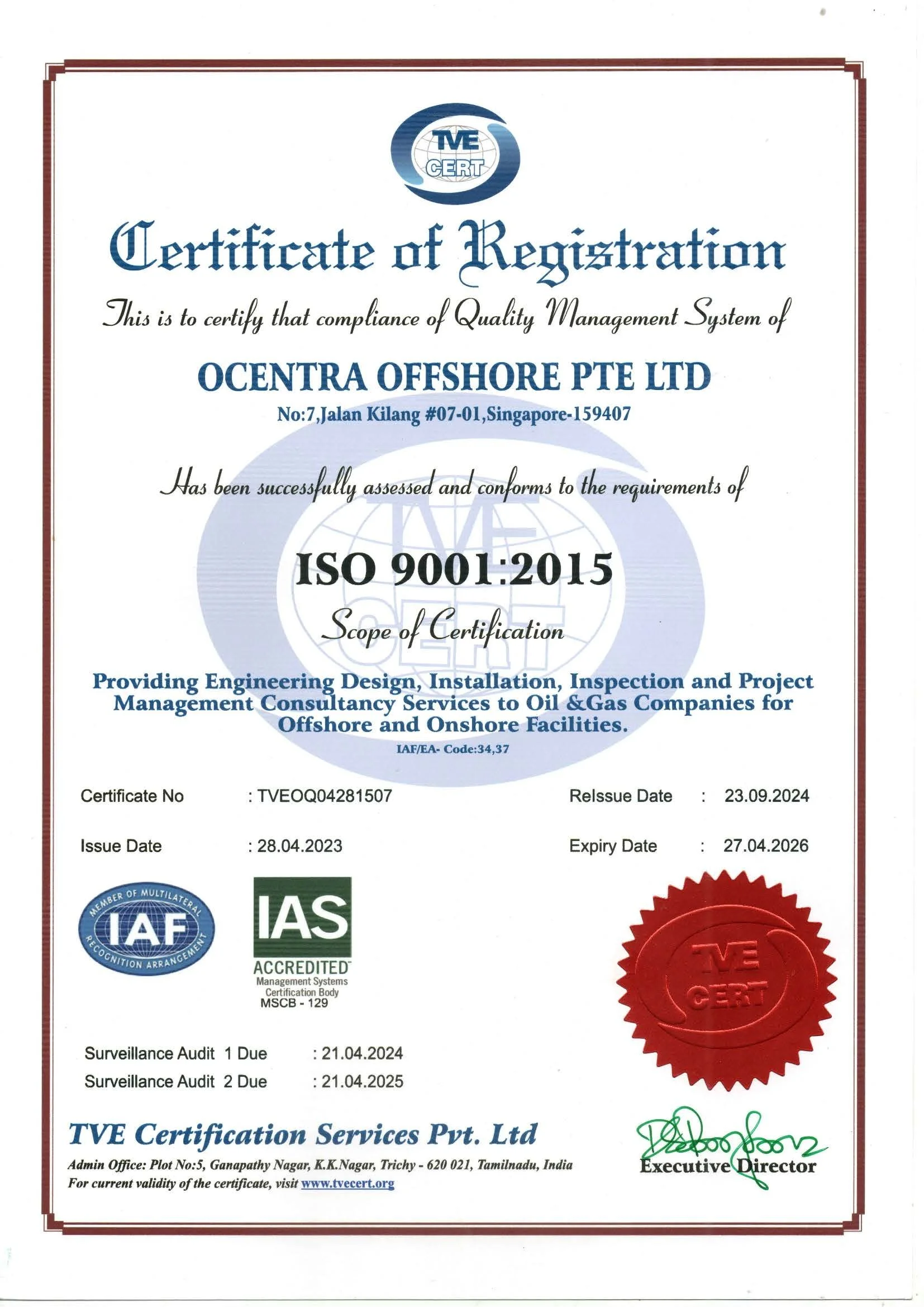 Certificate of Registration awarded to OCENTRA OFFSHORE PTE LTD for ISO 9001:2015 compliance, issued by TVE CERT, with signatures, seals, and certification details.