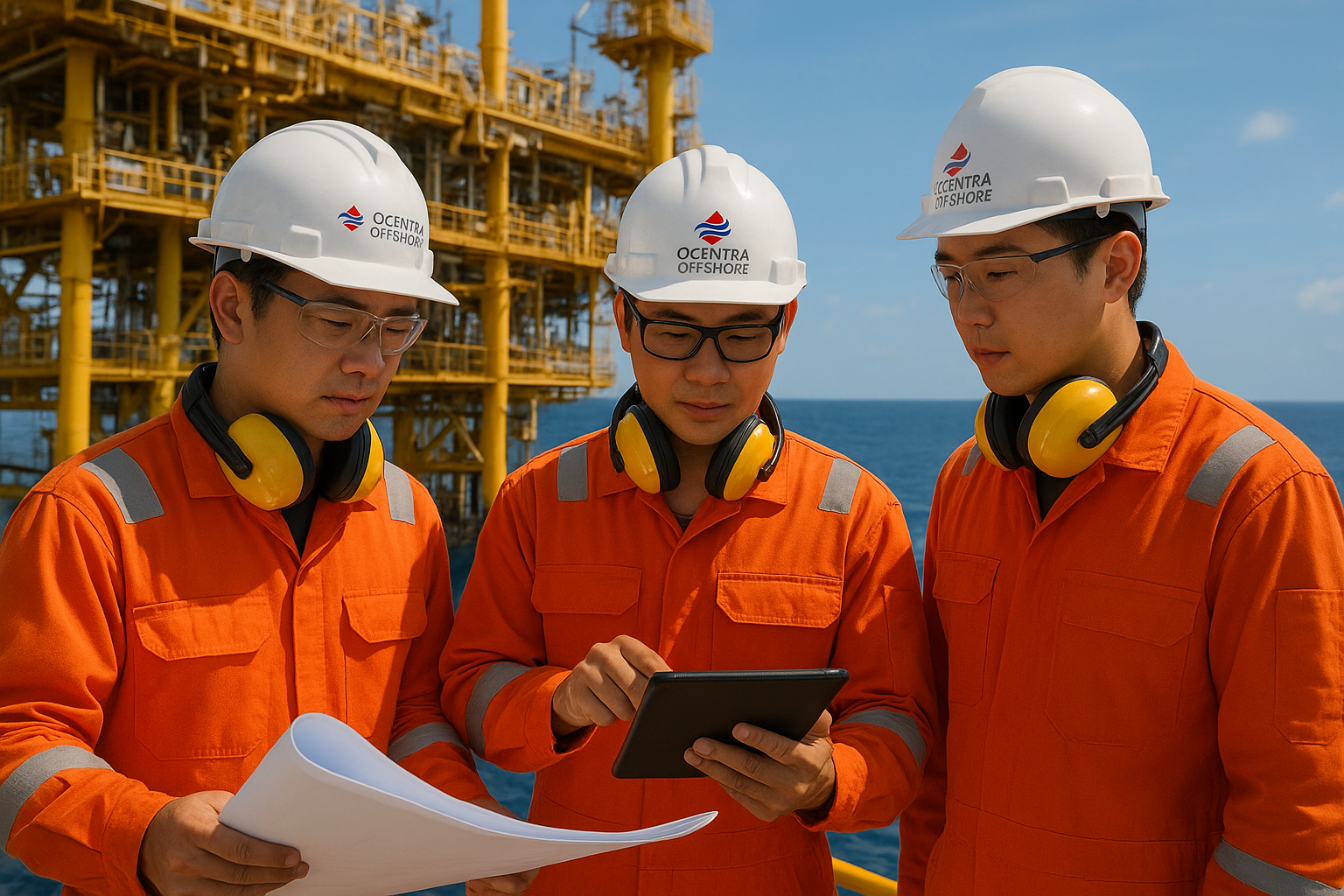 Three offshore workers in orange safety jumpsuits, white helmets, and yellow ear protection, standing together on an offshore platform, looking at a tablet and documents, with the sea and blue sky in the background.