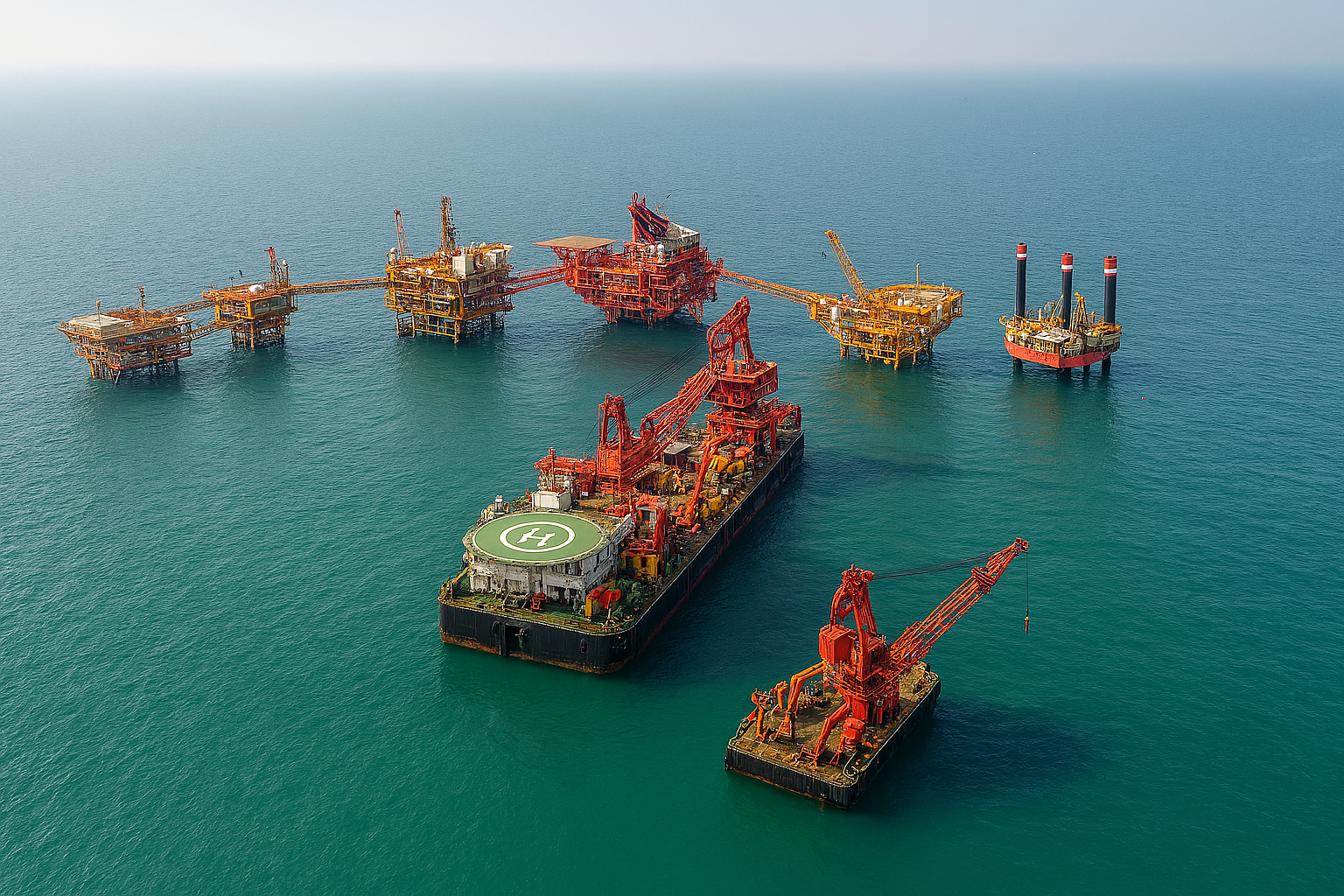 Offshore oil drilling platforms and supply vessels in the ocean.