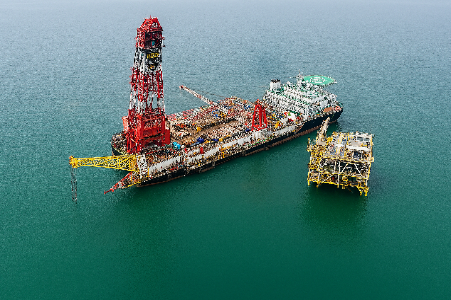 Offshore oil drilling platform with red and yellow cranes and equipment, floating in a calm green sea.