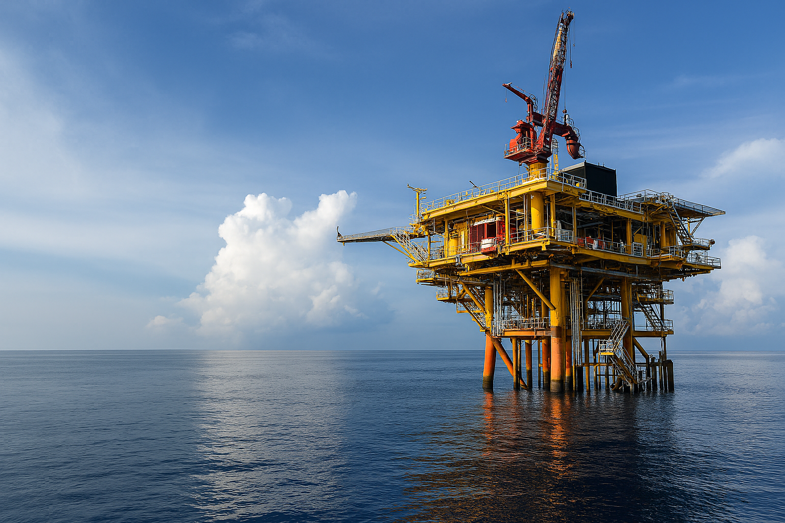 Offshore oil platform in the ocean under a partly cloudy sky.