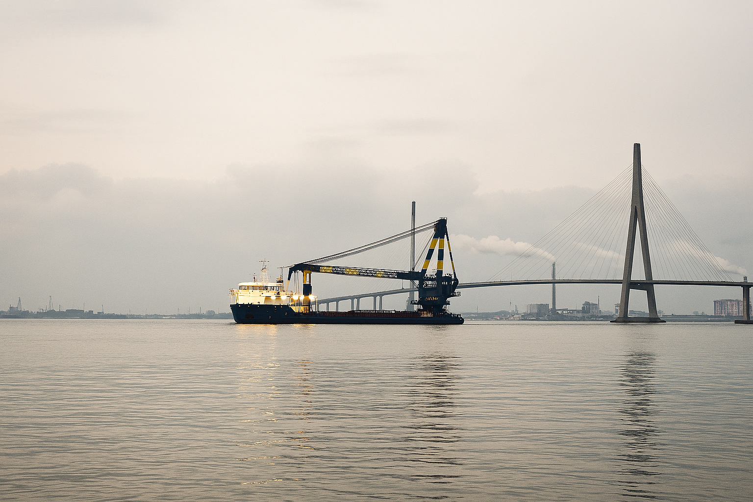 A barge equipped with a crane floating on calm water near a modern cable-stayed bridge with a tall, A-shaped pylon.
