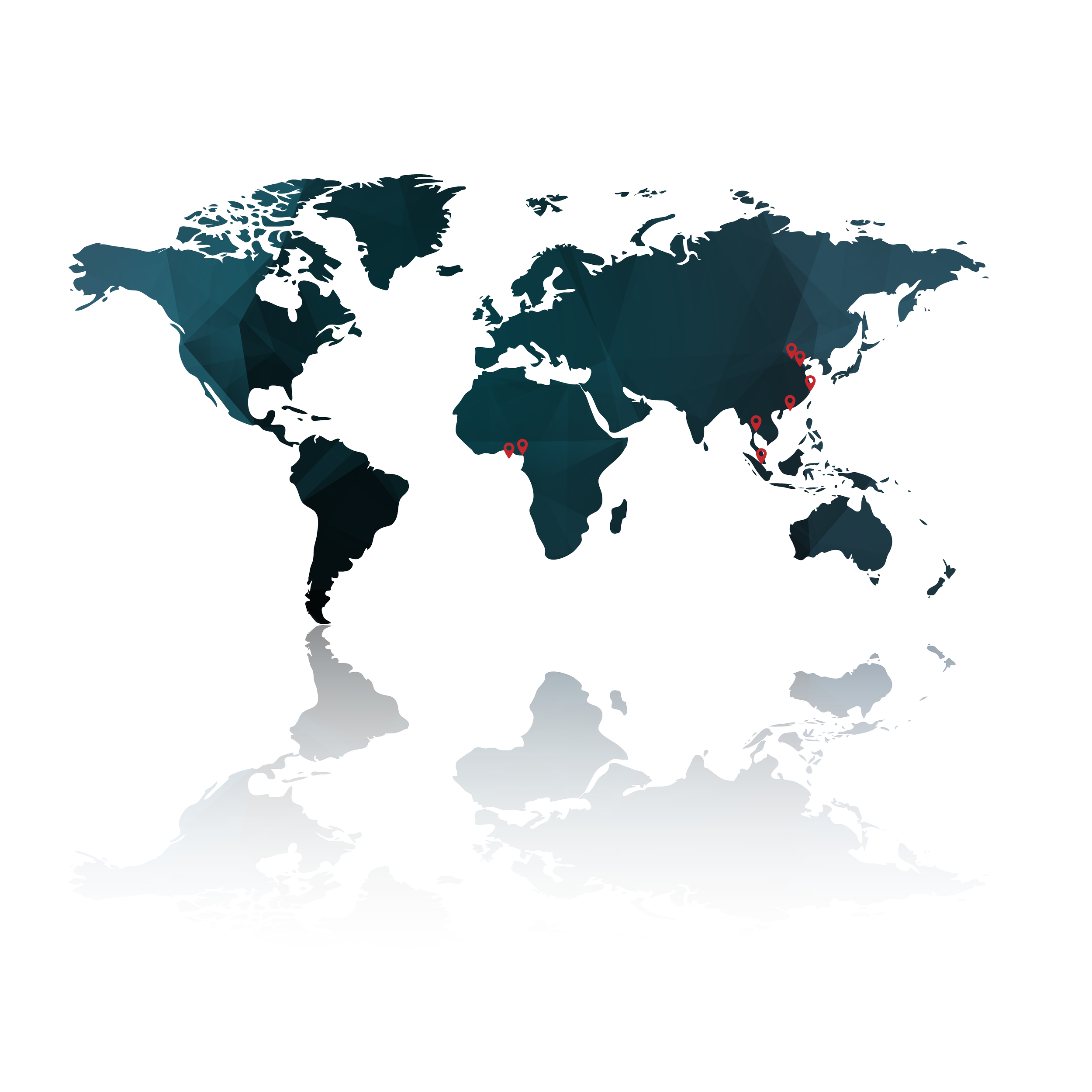 World map with red location markers in Mexico, Ghana, Nigeria, India, and China, showcasing different continents.