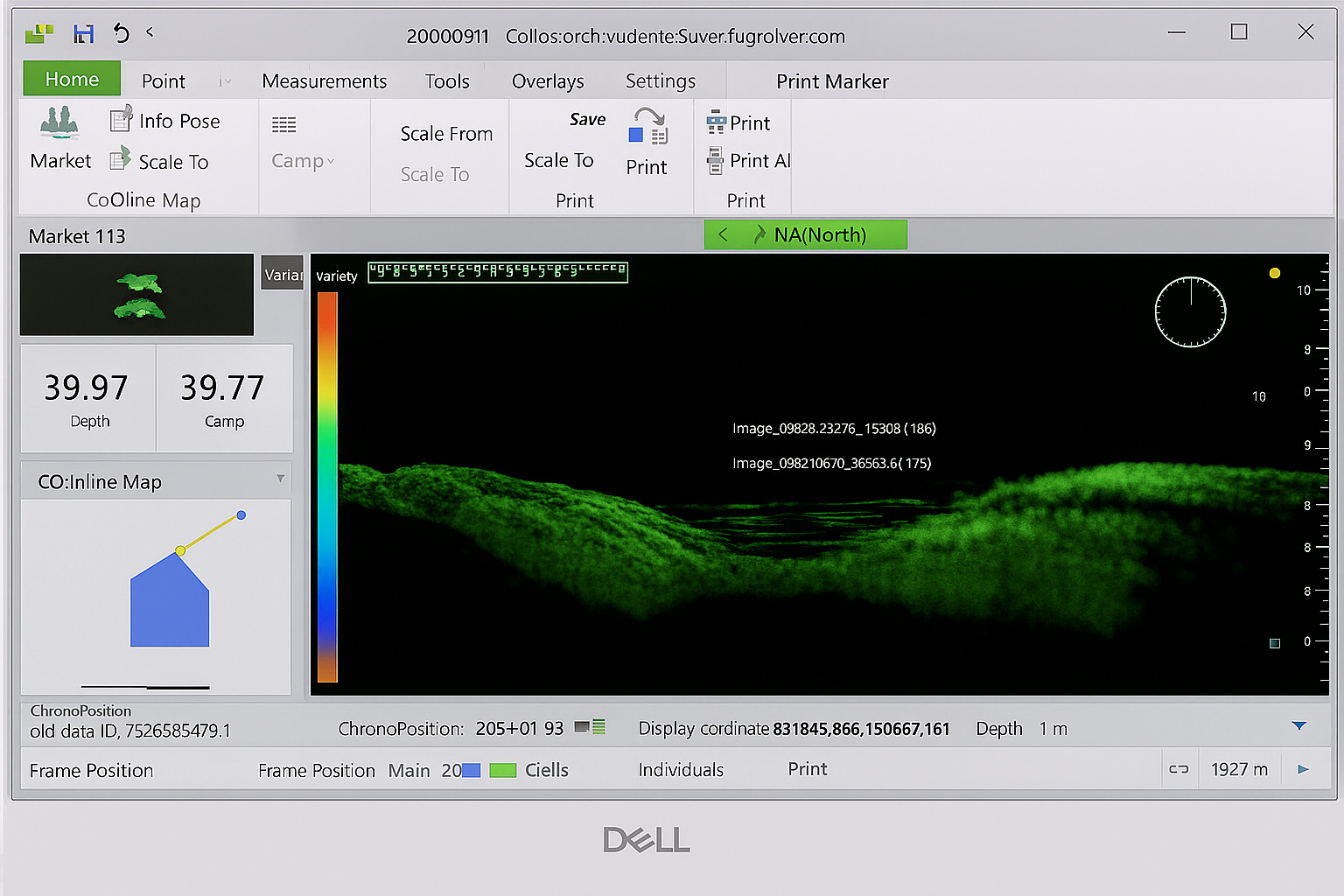 3D underwater map visualization with green terrain features on a black background, displayed on a computer screen with various measurements and controls, including depth and camp values.