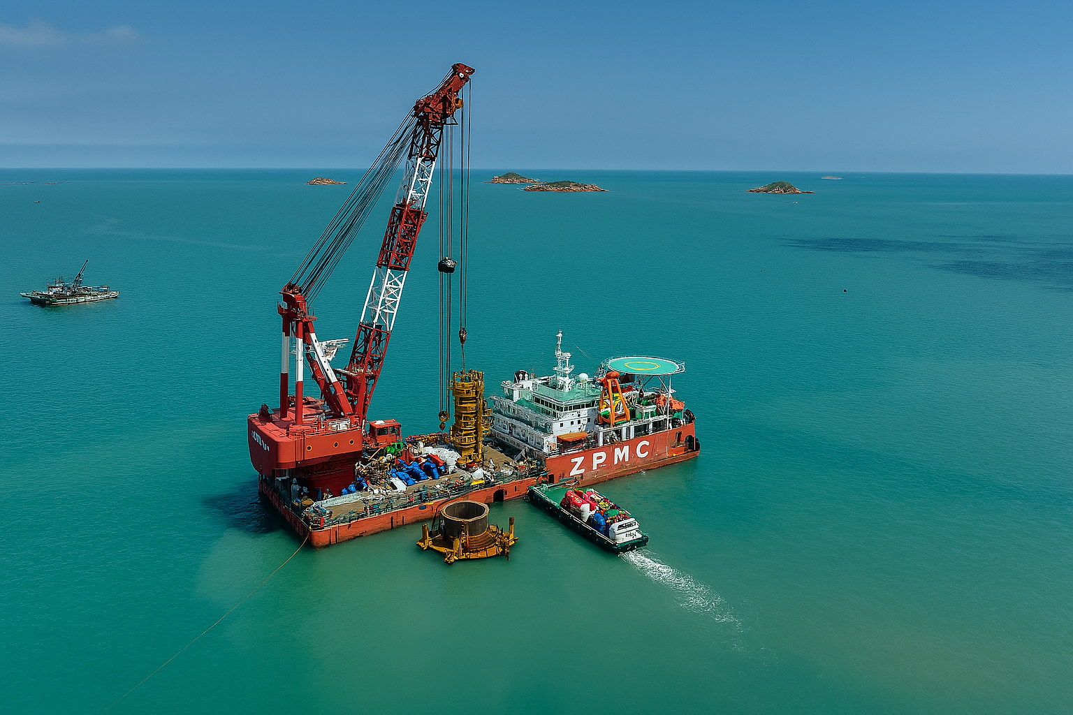 A large red and white vessel with 'ZPMC' on the side, equipped with a tall crane, floating on turquoise water near small islands in the background.