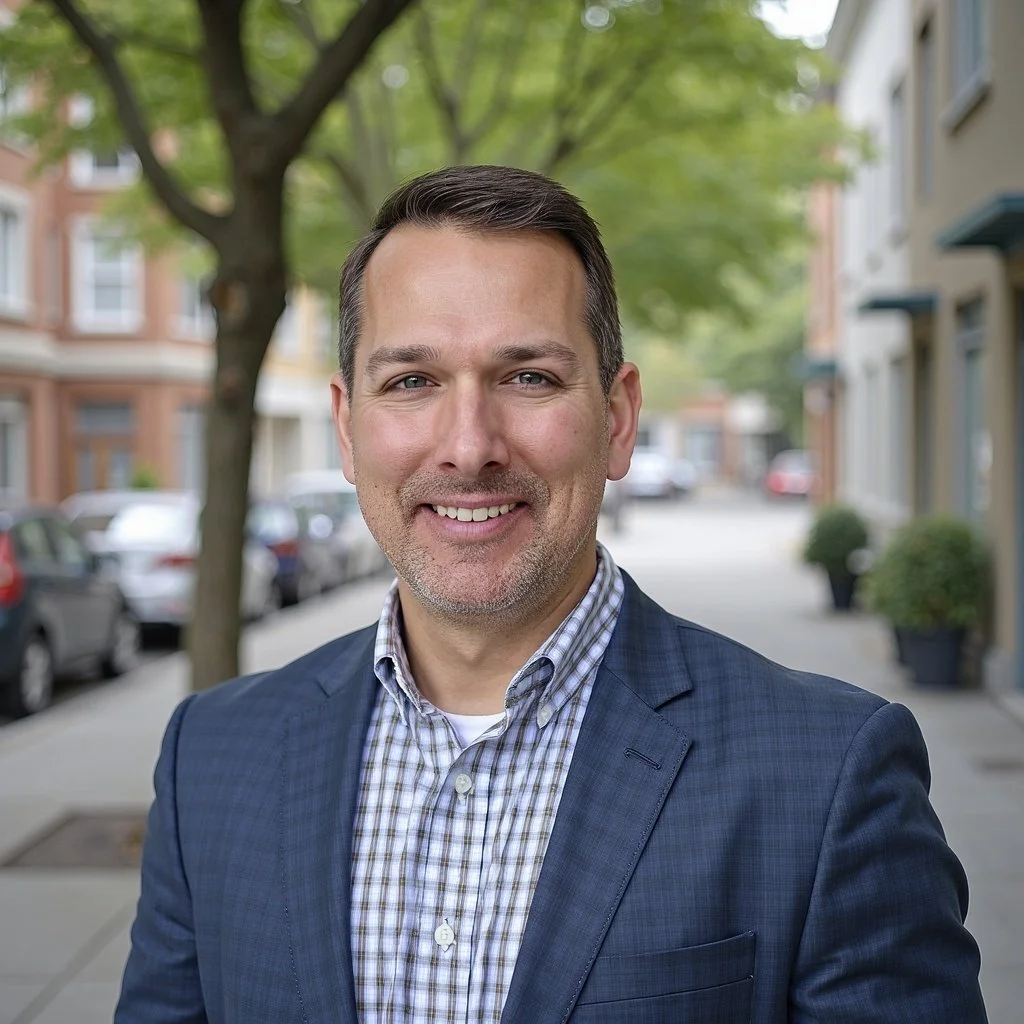 A man in a blue plaid suit and checkered shirt smiling outdoors on a city street with trees and buildings in the background.