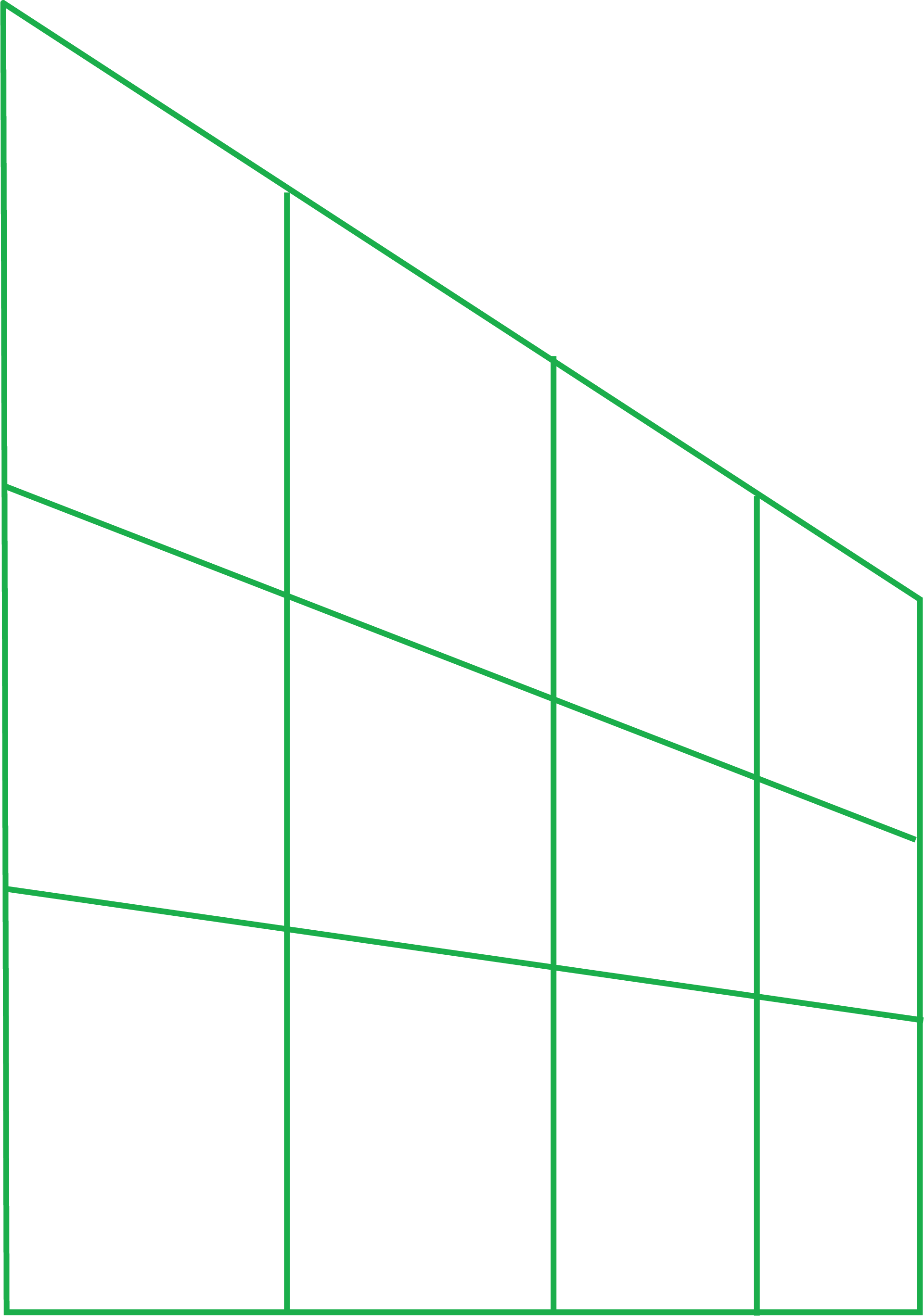 A three-dimensional graph with curved green lines on a black background.