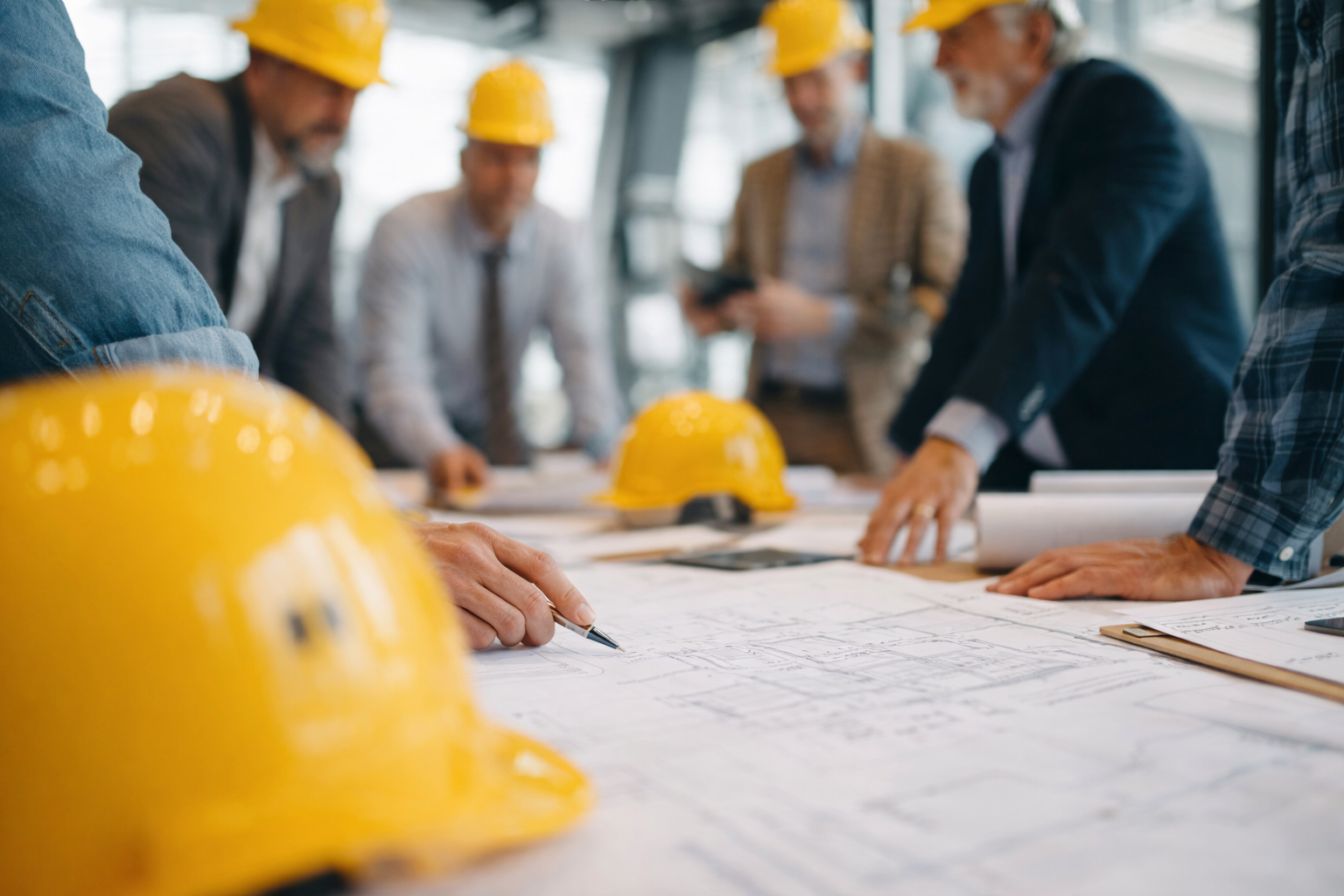 Construction engineers and architects wearing yellow hard hats discussing blueprints and construction plans on a table during a meeting.