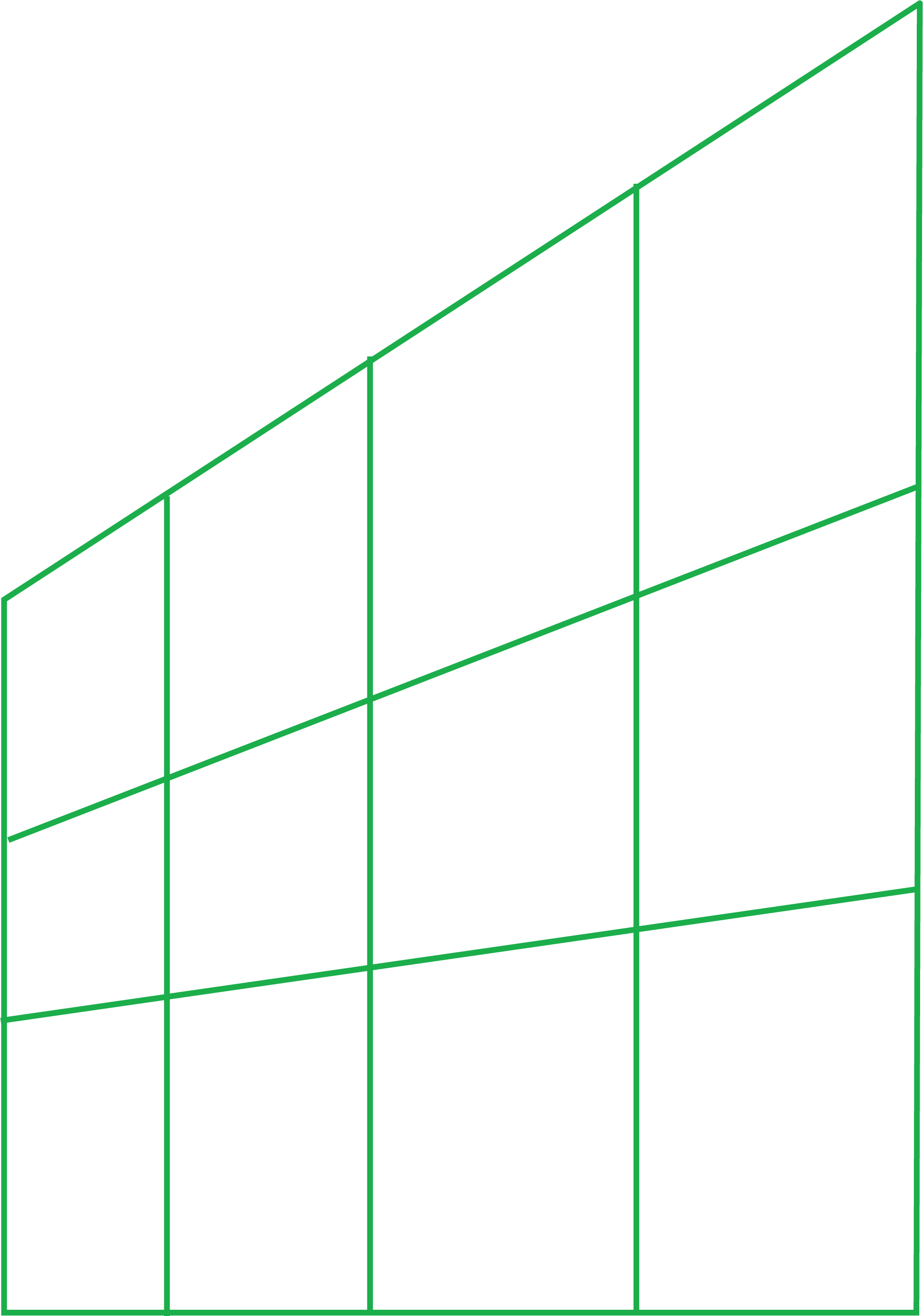 A wireframe sketch of a multi-story building, showing the structure and floor divisions in green lines on a black background.