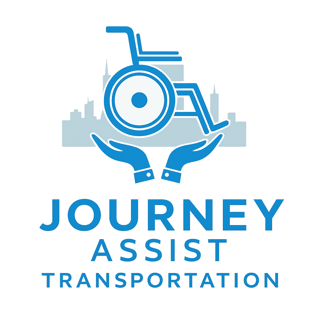 A logo featuring a stylized wheelchair with hands underneath, set against a city skyline background. The words "Journey Assist Transportation" are written below the graphic.