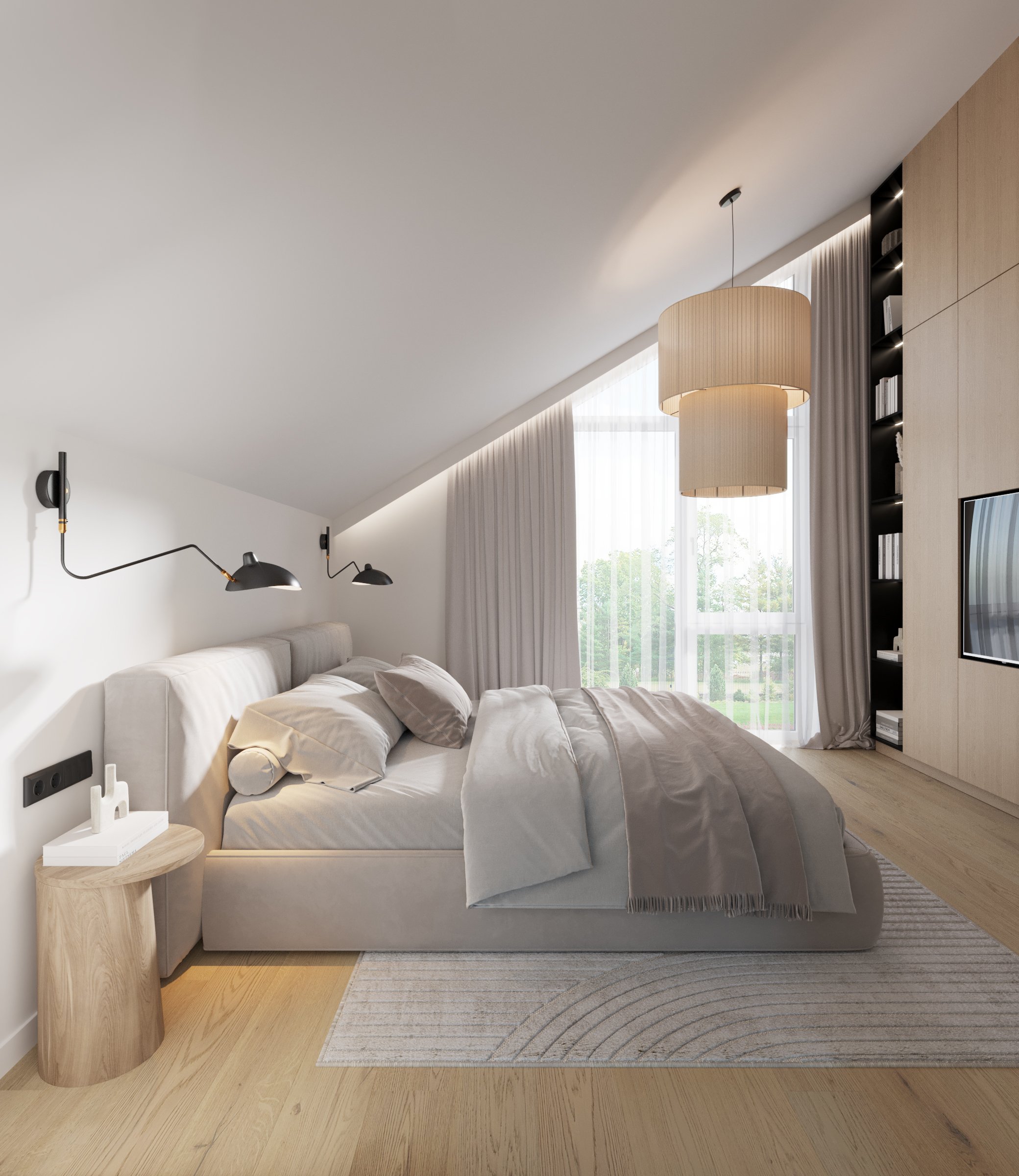 A modern bedroom with a sloped ceiling, featuring a bed with white bedding and pillows, a small wooden side table, black adjustable wall-mounted lamps, a large window with sheer curtains, a beige ceiling pendant light, built-in black shelving with bo