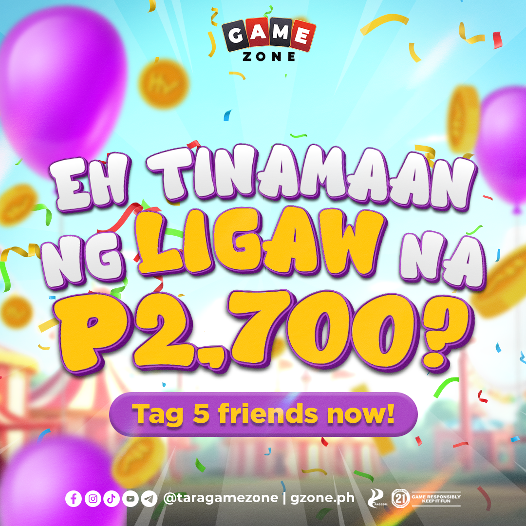 A colorful digital poster with balloons, confetti, and a carnival tent in the background, promoting a game zone event with text in Filipino asking if someone's age is P2,700. The poster encourages tagging five friends and includes social media icons 