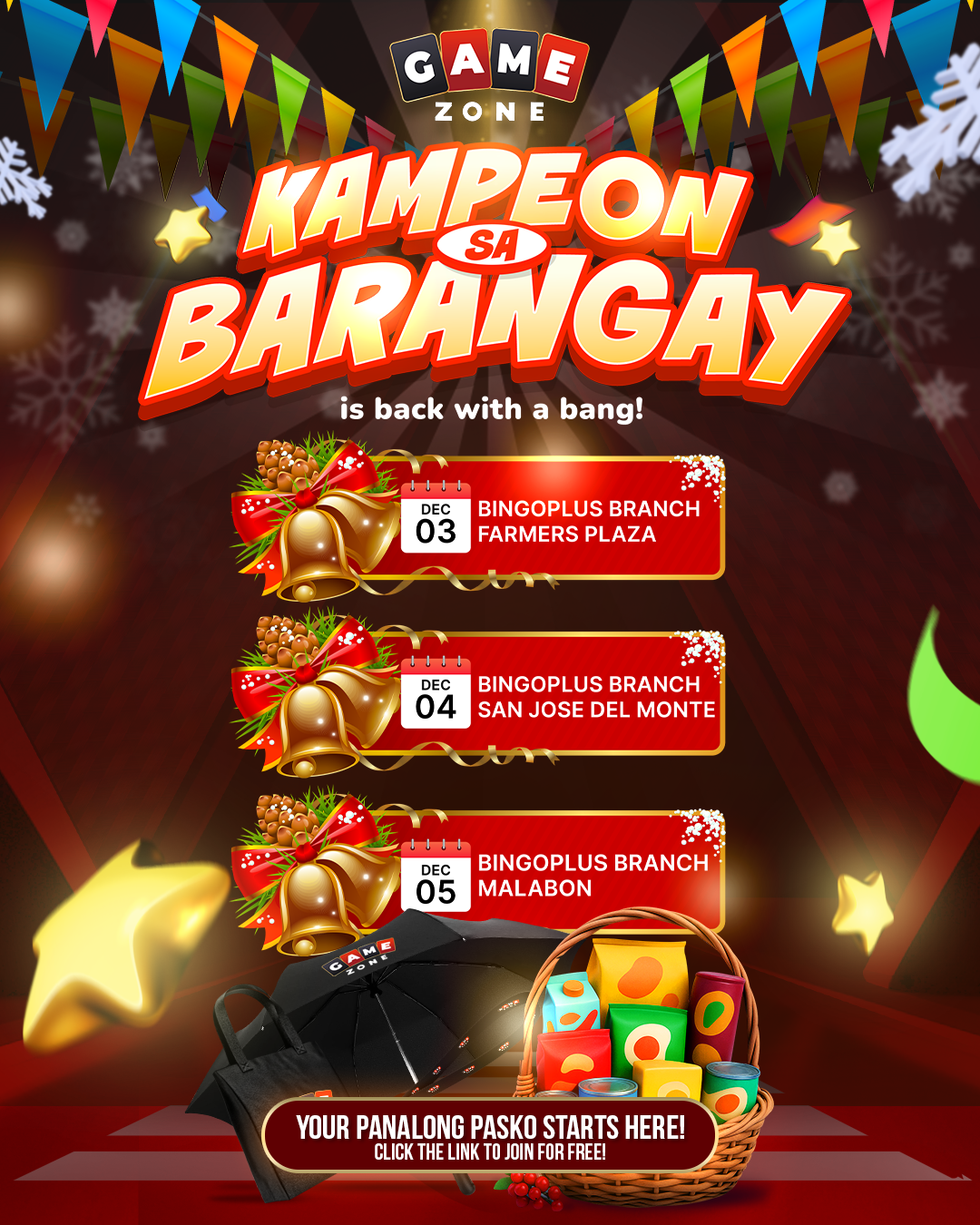 Event poster for 'Kampeon sa Barangay' at Game Zone with date details and festive decorations including bells, ribbons, and snowflakes.