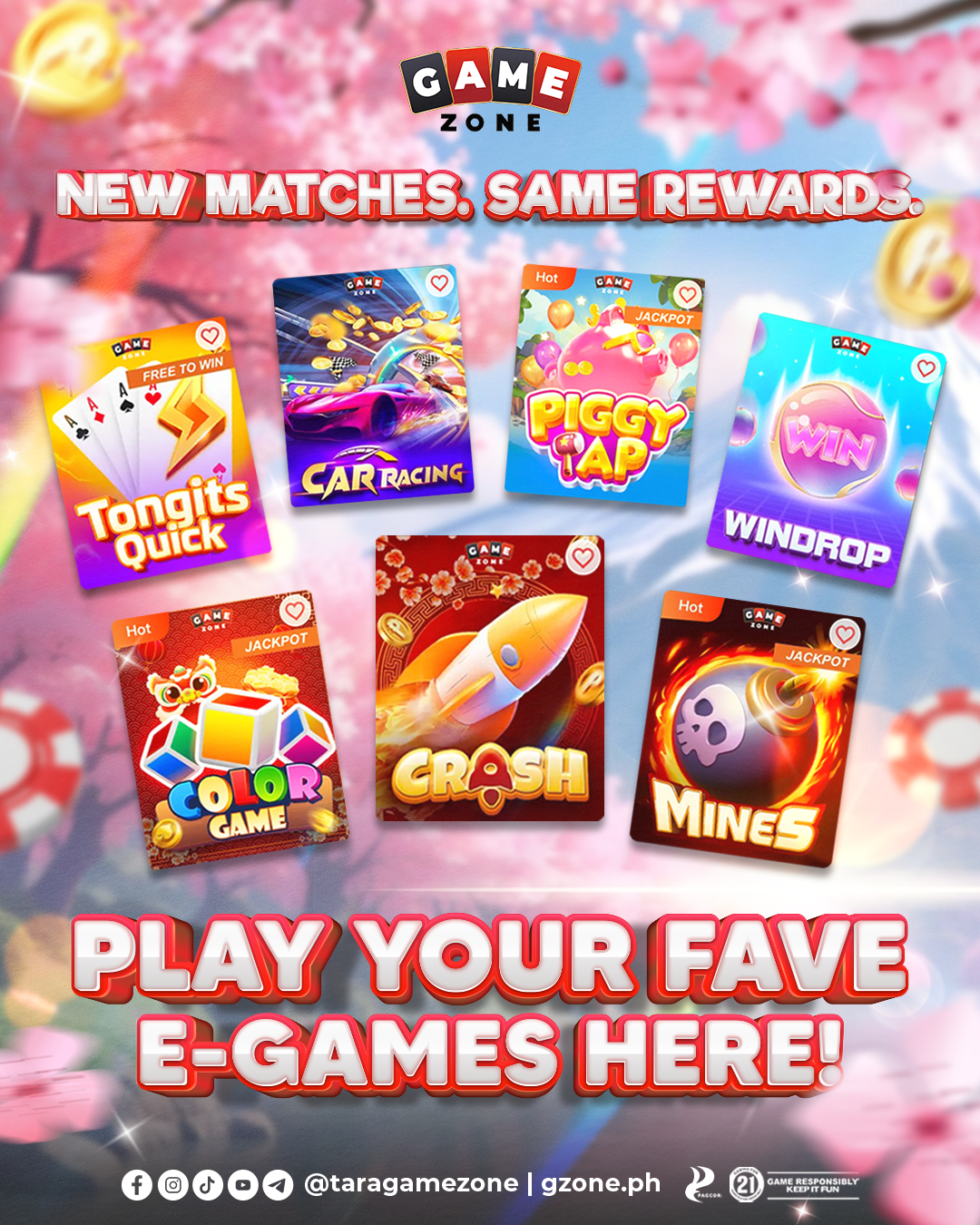 Promotional poster for Game Zone featuring various electronic games with titles such as Tangles Quick, Car Racing, Piggy Tap, Windrop, Color Game, Crash, and Mines. The poster highlights new matches, rewards, and invites players to enjoy their favori