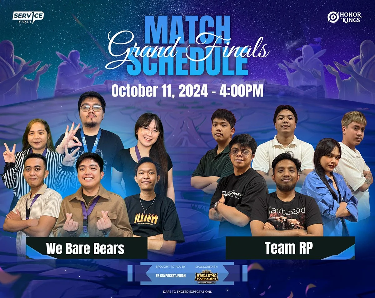 Poster for the 2024 Honor of Kings Grand Finals match scheduled for October 11, 2024, at 4:00 PM. Features the team names 'We Bare Bears' and 'Team RP', with images of diverse team members in front of a fantasy-themed background with statues and star