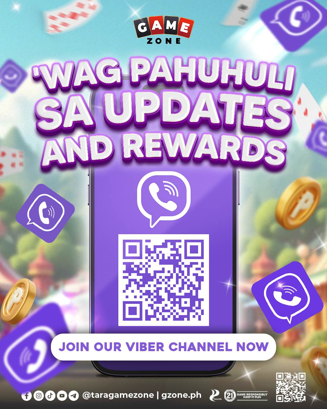 A promotional poster for Game Zone, encouraging viewers to update and earn rewards via a Viber channel by scanning a QR code. The poster features a phone screen with a QR code, Viber icons, and floating gold coins and playing cards in the background.