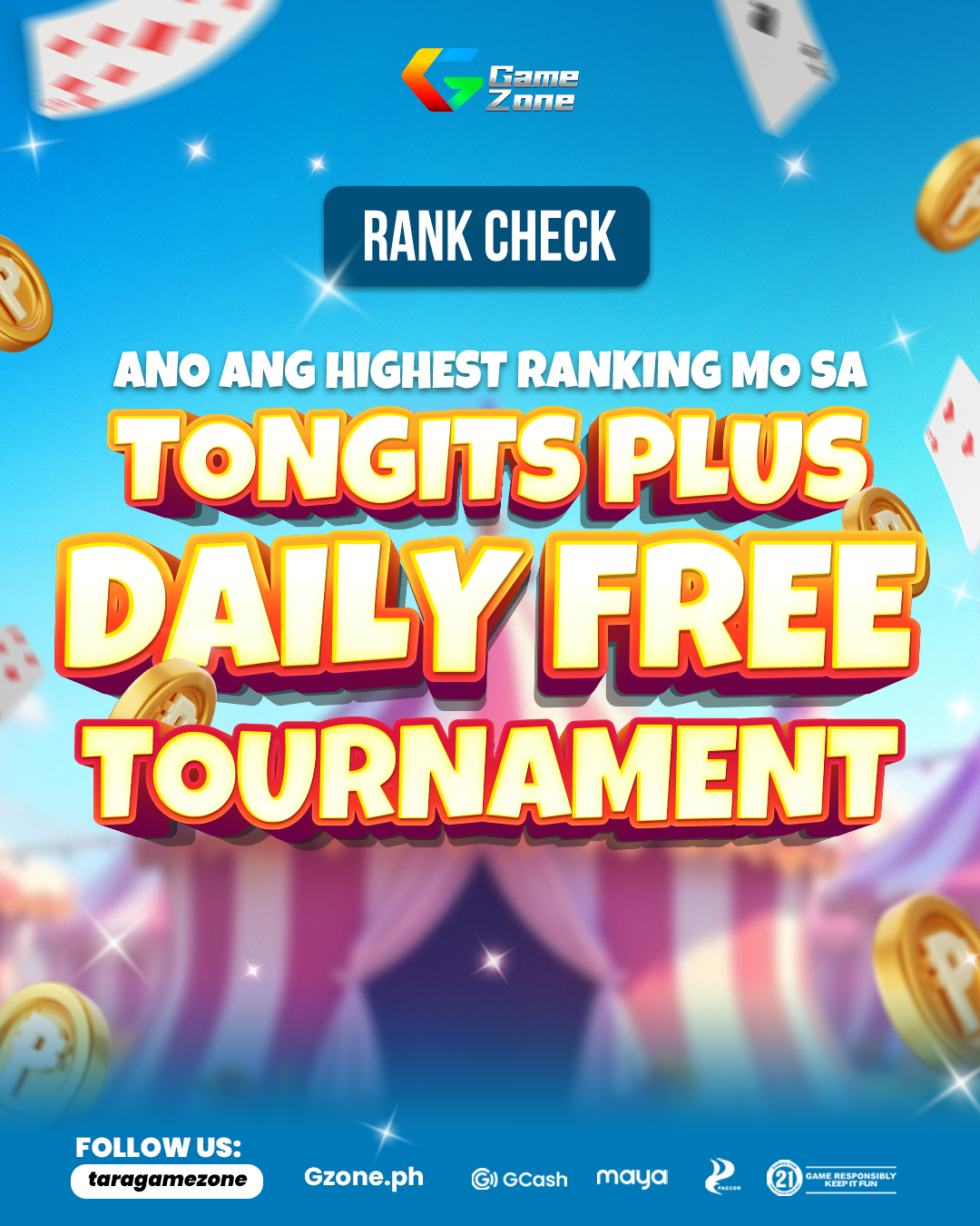 Poster promoting a ranking check for a TONGITS PLUS daily free tournament, featuring colorful text, playing cards, coins, and a circus tent background.