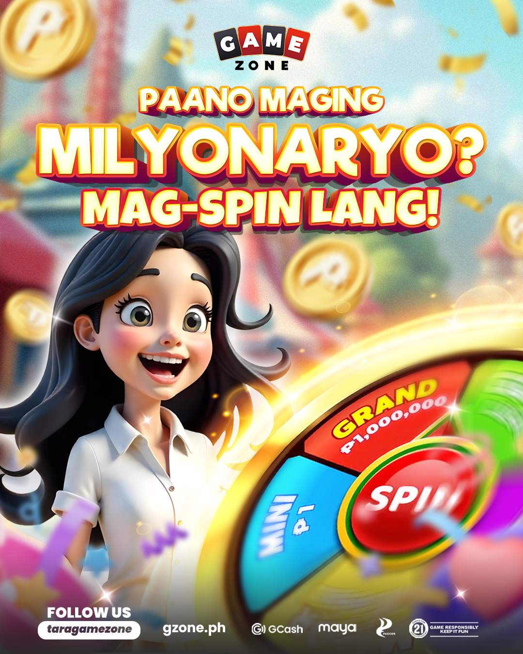 Colorful promotional poster for a game zone featuring a cheerful animated girl with long dark hair, a spinning wheel with labels, and animated gold coins, with text in Filipino about winning a million.