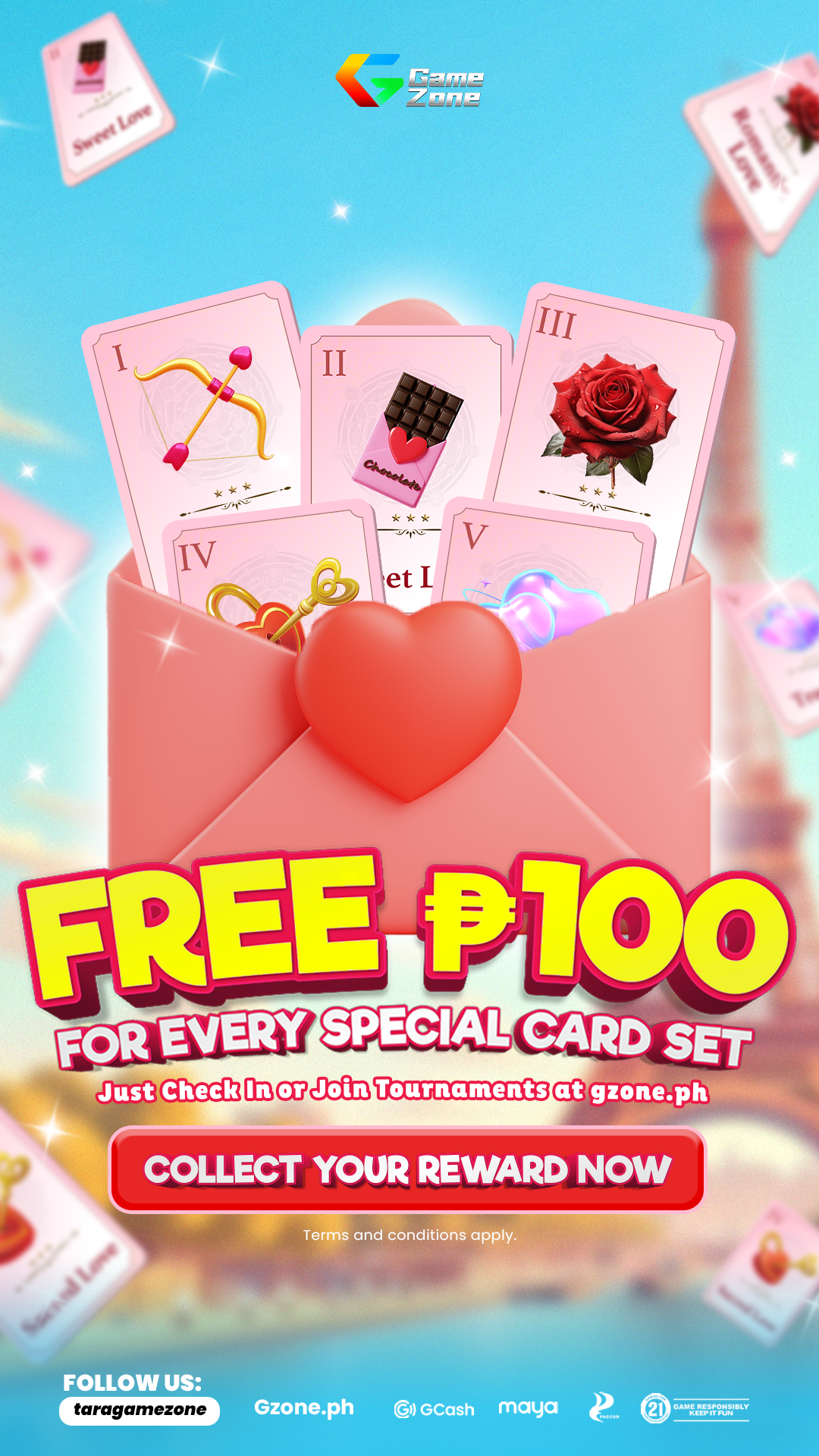 A pink envelope with a heart in the center, filled with special cards featuring symbols like a bow and arrow, a chocolate bar, a red rose, keys, and glowing hearts. Text advertises a promotion offering free 100 pesos with check-in or tournament parti