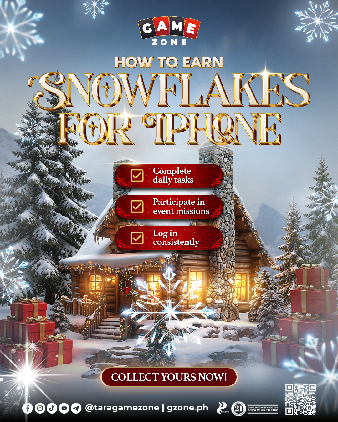 Promotional poster for a game zone featuring a winter scene with snow-covered trees and a cozy log cabin decorated for Christmas, advertising how to earn snowflakes for iPhone through completing daily tasks, participating in event missions, and loggi