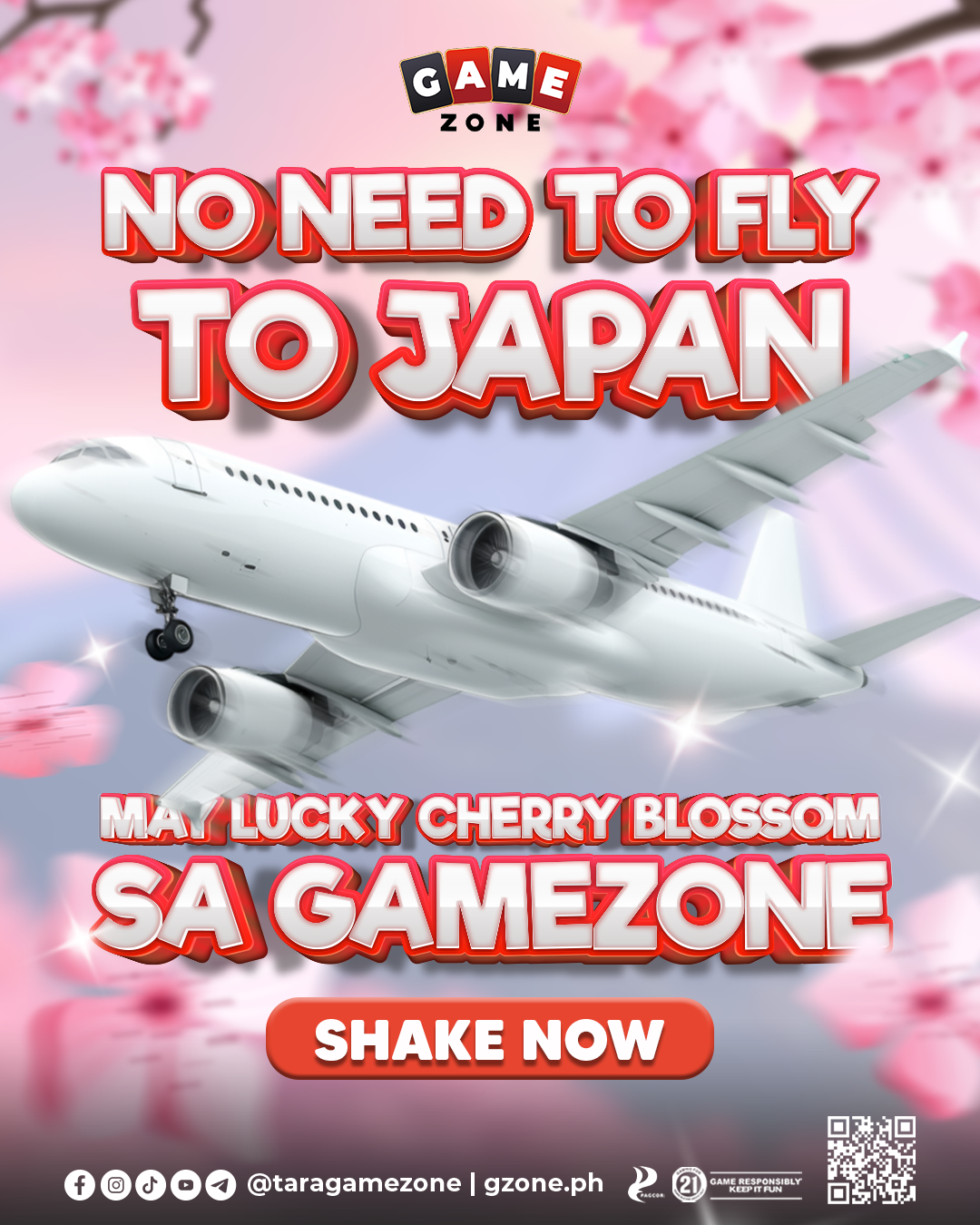 Promotional poster for a game zone called 'SA Gamezone' featuring a white airplane flying among cherry blossoms with the slogan 'No Need to Fly to Japan.' Text encourages players to shake now, with social media icons and QR code at the bottom.