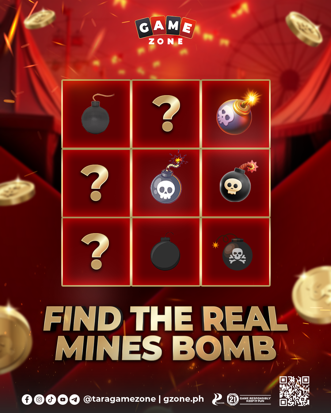 A game puzzle with a 3x3 grid of cartoon bombs with skulls, in a carnival-like setting with red background and floating gold coins. The goal is to find the real mines bomb.