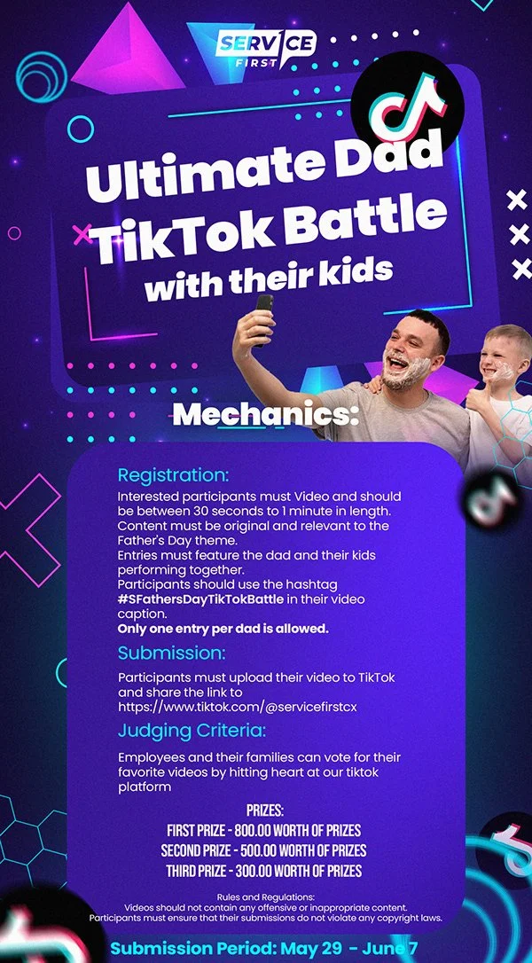 Promotional poster for the 'Ultimate Dad TikTok Battle with their kids' event by Service First, with details on registration, submission, judging criteria, prizes, and rules. It features a man and a boy taking a selfie, with vibrant graphics and TikT