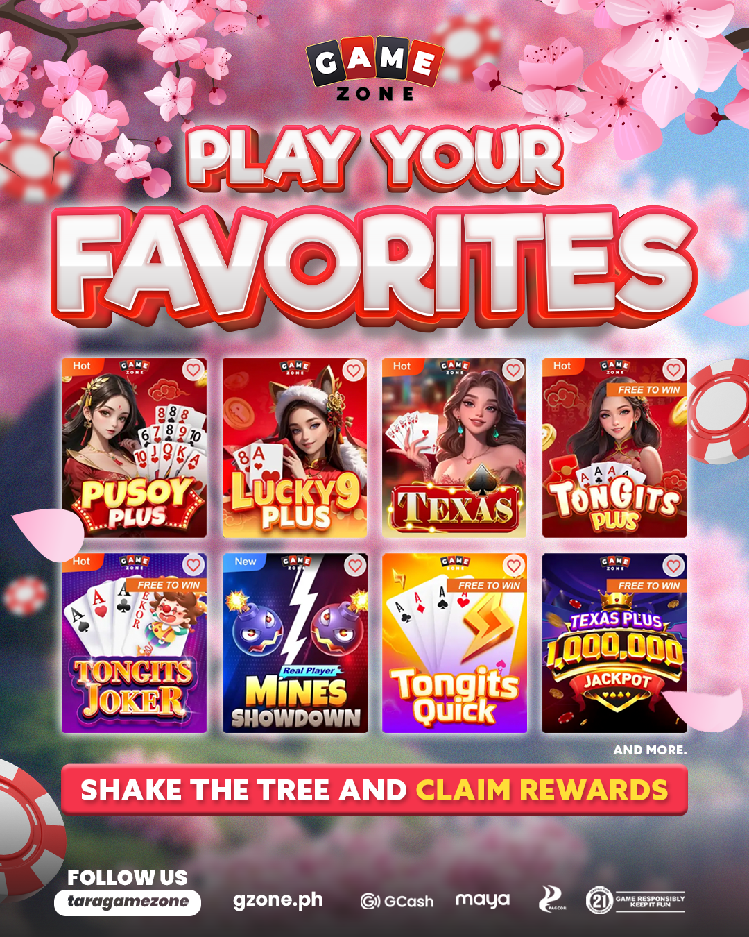 Advertisement for a mobile gaming platform called Game Zone featuring various card, puzzle, and slot games with floral background.