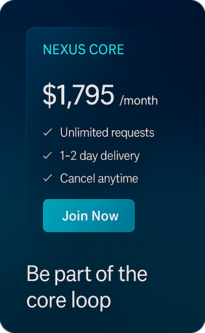 Advertisement for Nexus Core with plan details of $1,795 per month, including unlimited requests, 1-2 day delivery, and cancel anytime, with a 'Join Now' button.