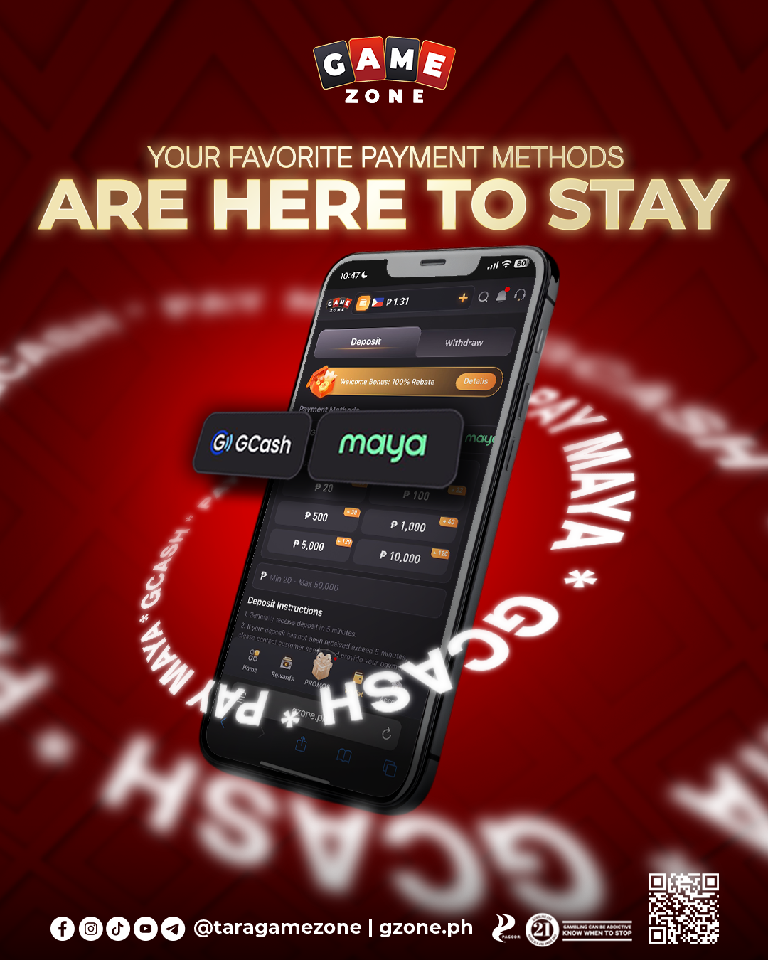 Promotional poster for Game Zone showing a smartphone with a payment app, highlighting payment methods like GCash and Maya, and indicating these are available for deposits and withdrawals.