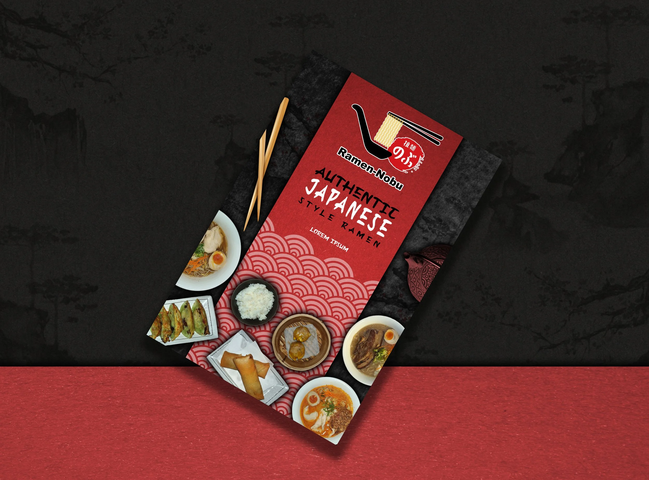 A menu card titled 'Authentic Japanese Style Ramen' displayed on a red and black background, featuring images of ramen bowls, rice, gyoza, spring rolls, and other Japanese dishes.