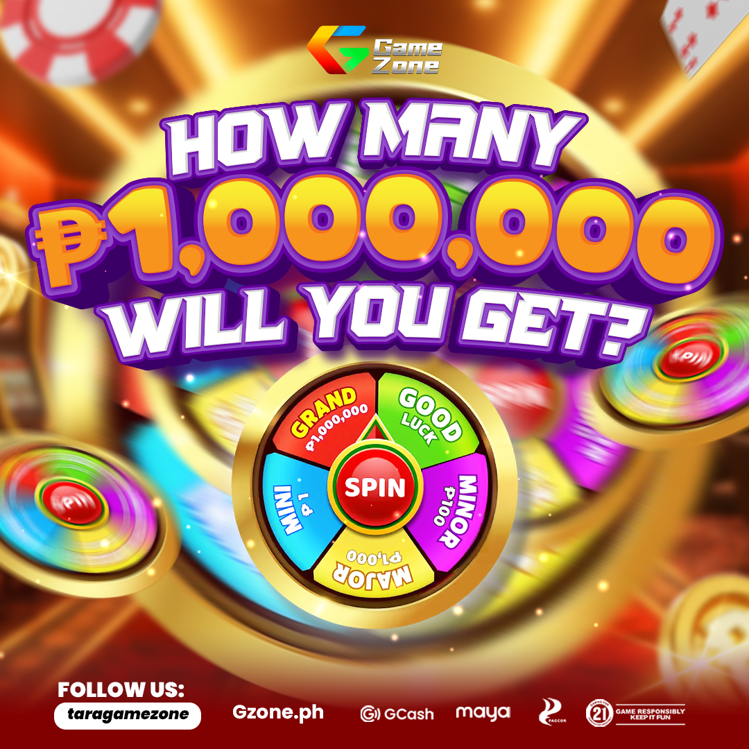 Colorful promotional graphic for a game asking how many 1,000,000 pesos prizes you can get. Features a spinning wheel with options like 'GRAND,' 'GOOD LUCK,' 'MINOR,' and 'MALOR' and highlights the word 'SPIN' in the center. Background has bright, bl
