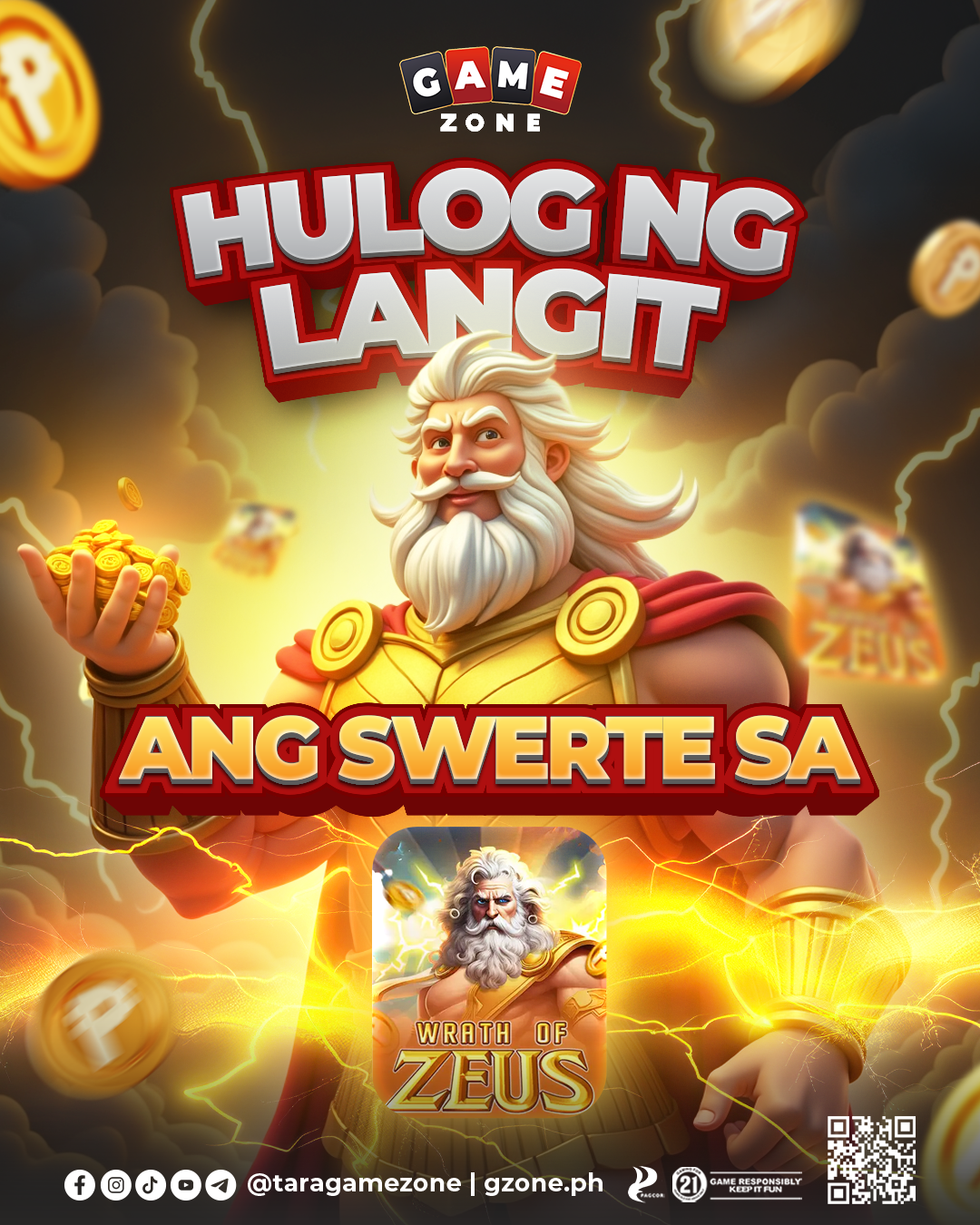 Promotional graphic for a game titled "Huling Langit" by Game Zone, featuring a muscular, bearded, ancient Greek-style god holding gold coins, with lightning and clouds in the background, and additional game icons at the bottom.