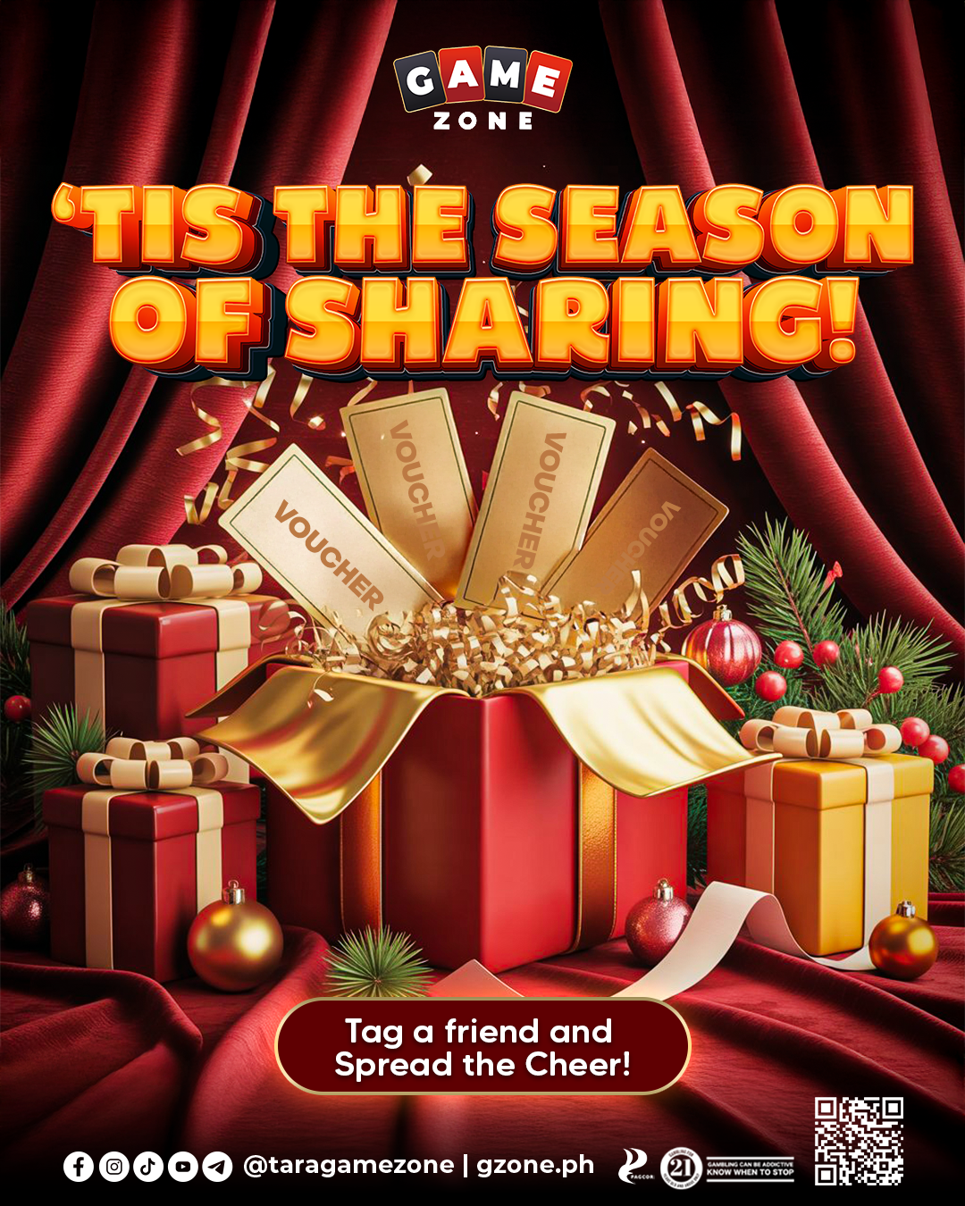 Promotional poster for Game Zone featuring a Christmas theme. The text reads '’Tis the Season of Sharing!' with vouchers, gift boxes, ornaments, pine branches, and a red curtain background. Tag a friend and spread the cheer.