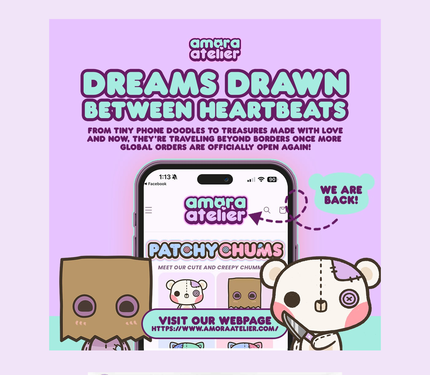 Digital illustration promoting Amora Atelier's return, featuring cartoon characters, a smartphone displaying the Amora Atelier website, and playful text about the brand's comeback and new product line called Patchy Chums.