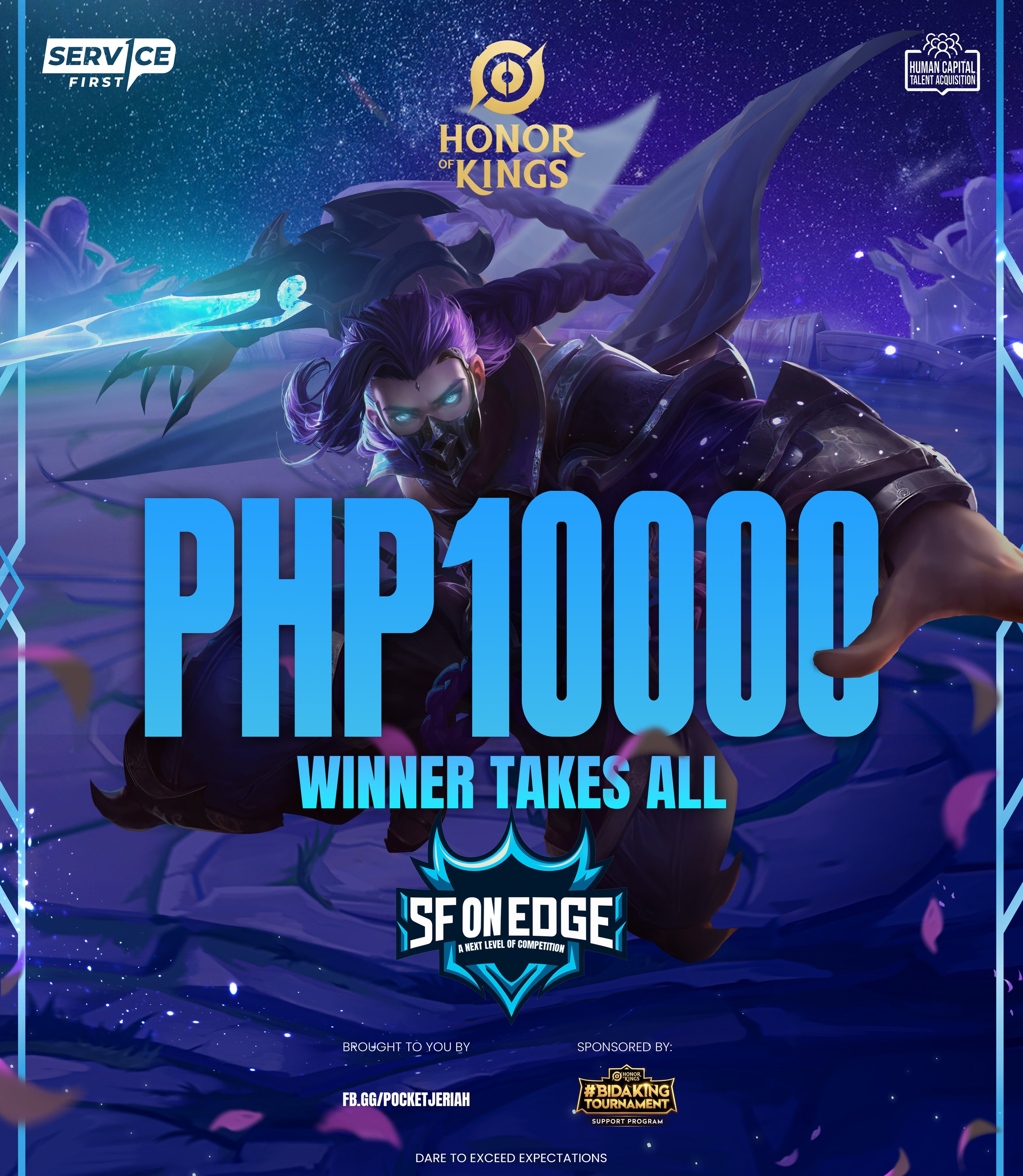 Digital poster for the Honor of Kings event, featuring a fierce, armored character with purple hair and glowing eyes, wielding a glowing sword, set against a starry, mystical background. Text includes 'PHP 10,000,' 'Winner Takes All,' and 'SE On Edge