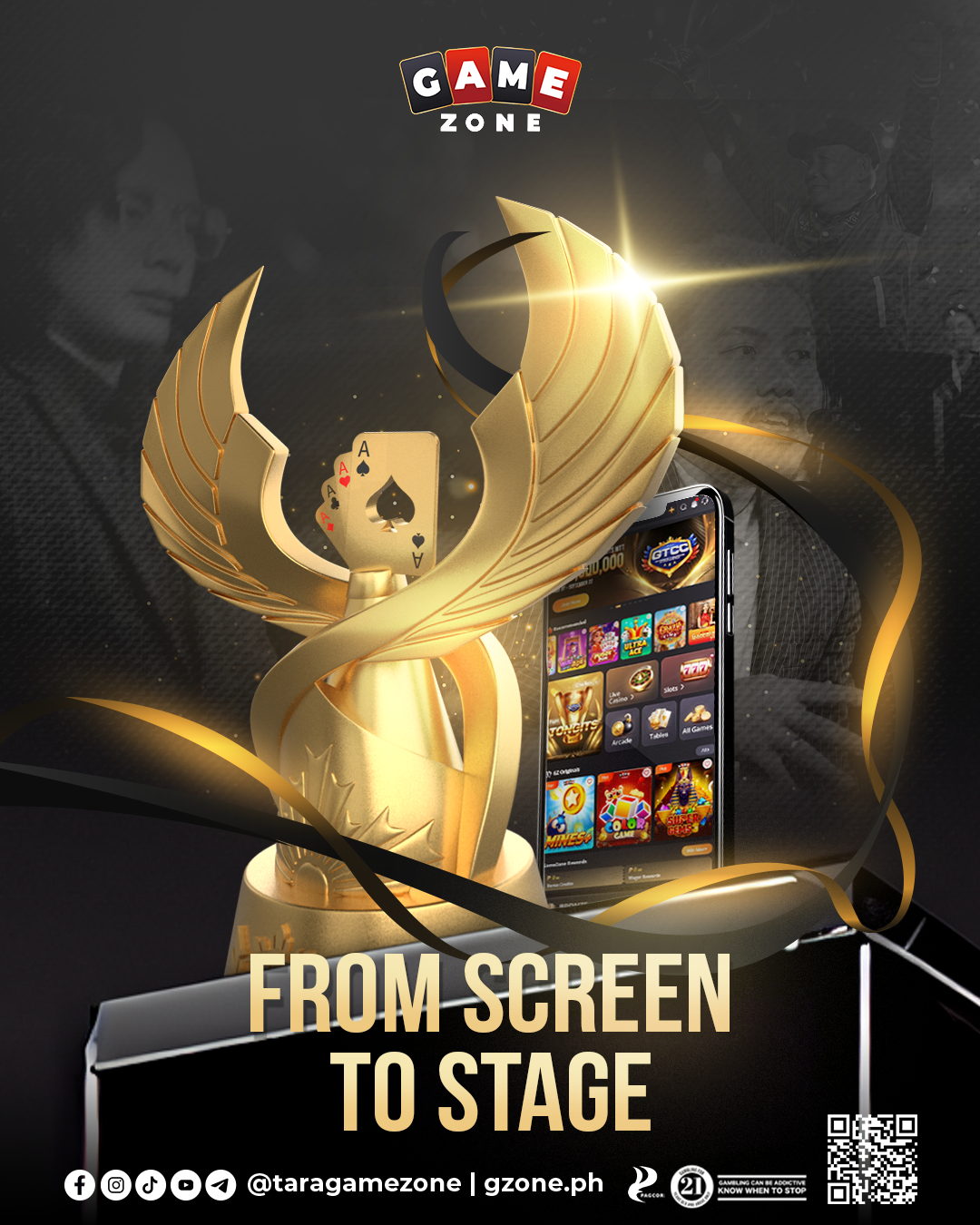 A promotional poster for Game Zone featuring a golden trophy with playing cards and a smartphone displaying various casino-themed game icons, with the slogan 'From Screen to Stage' and social media information at the bottom.