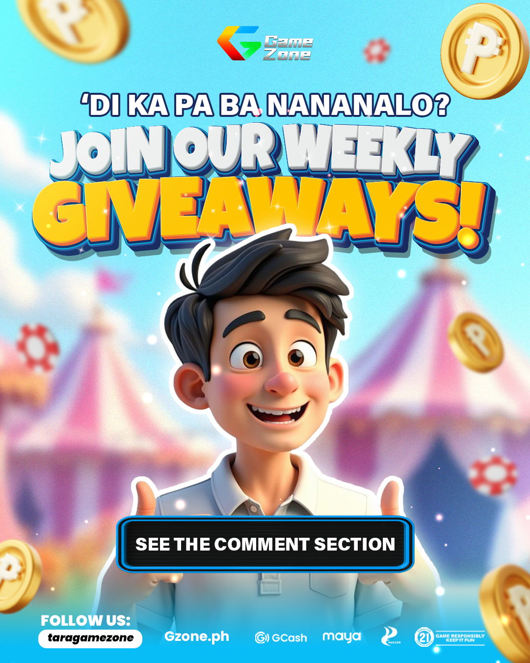 Promotional graphic for a weekly giveaway event by Game Zone featuring a cartoon boy with dark hair giving a thumbs-up, with floating gold coins and a colorful circus tent in the background.