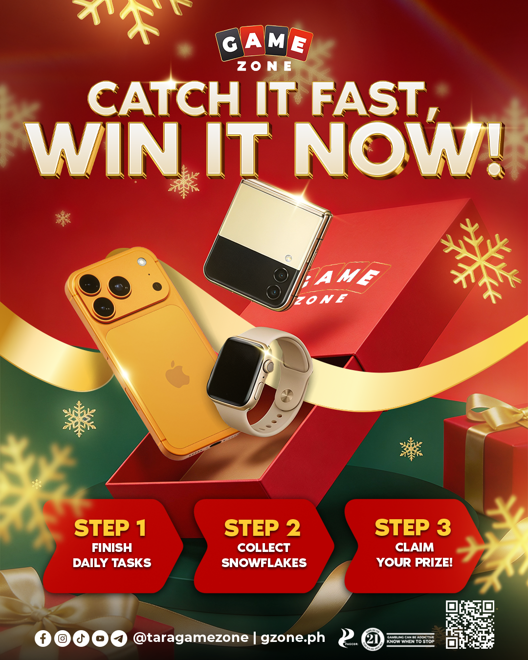 Promotional poster for Game Zone holiday contest featuring a yellow iPhone, Apple Watch, and Samsung foldable smartphone emerging from a red gift box decorated with snowflakes. The poster has a festive red and green background with gold ribbons and p
