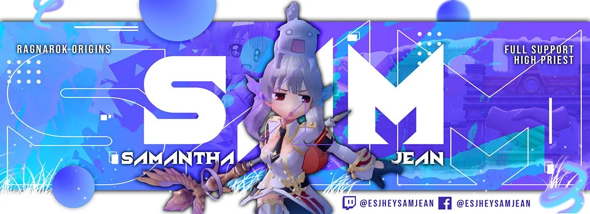Digital banner featuring a chibi-style character with gray hair, a lavender outfit, holding a staff, and sitting in front of a large stylized logo combining letters 'S' and 'M'. The background has blue and purple geometric shapes, doodles, and text i