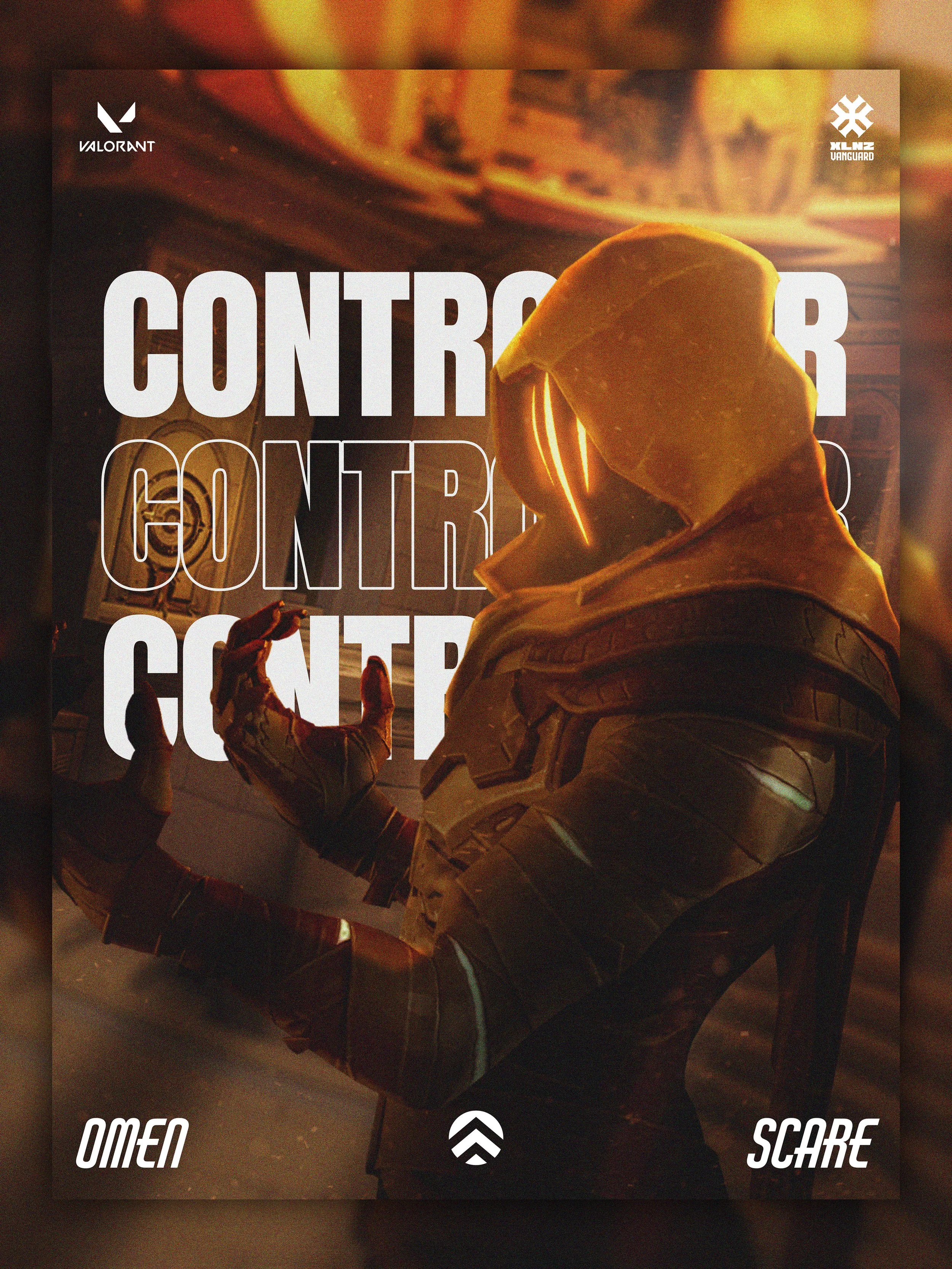 Poster featuring a sci-fi character in a helmet and armor, sitting in a chair with a large text overlay saying 'CONTRIBUTOR' multiple times. Logos for Valorant and Xcel vanguard are in the top corners, with smaller text reading 'OMEN' and 'SCARE' at 
