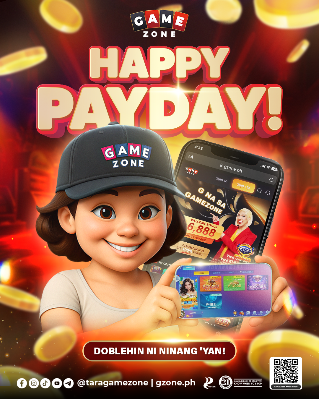 A promotional image celebrating payday for Game Zone, featuring animated characters holding a smartphone displaying the Game Zone app, with coins falling around and text in Filipino.