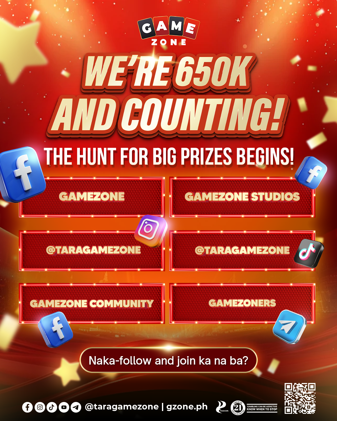 Red background with yellow stars and confetti, promoting a game zone with hashtags and social media handles.