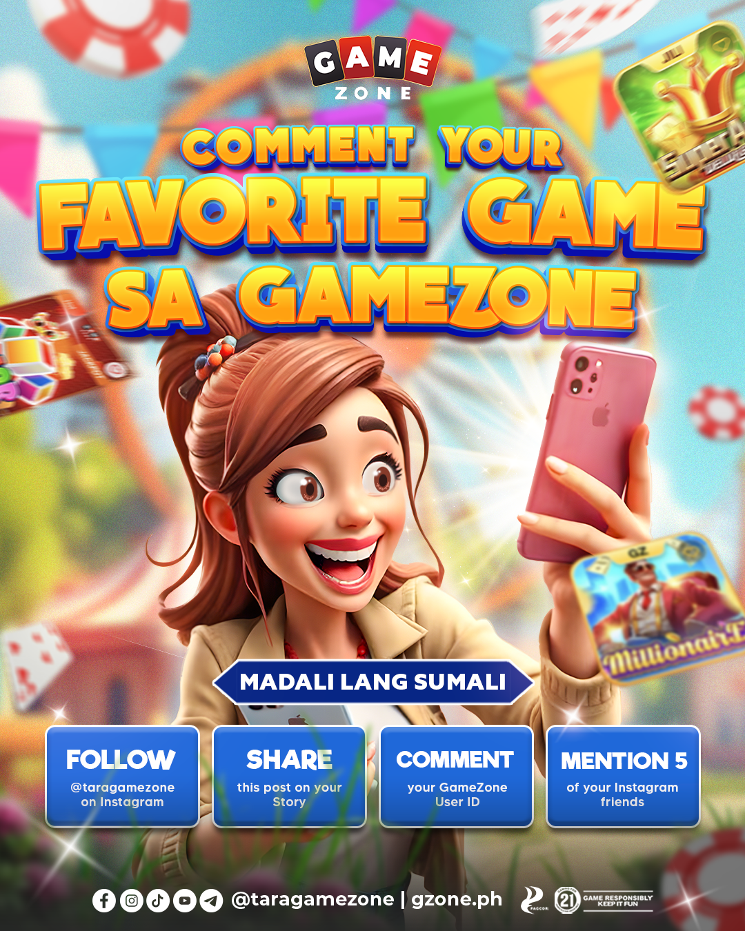 A colorful promotional poster encouraging social media engagement for GameZone. Features a young woman holding a pink phone with excited expression, surrounded by game cards, flags, and festive decorations. Text prompts include follow, share, comment